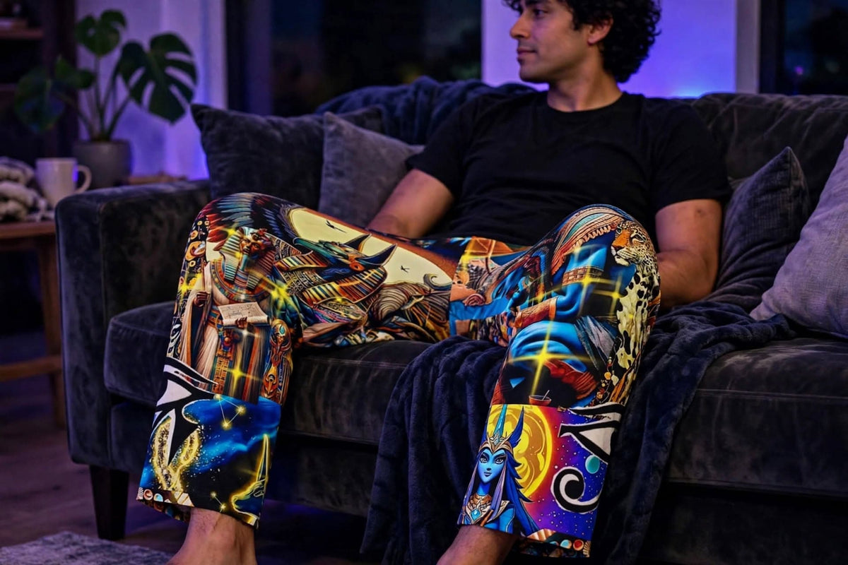 Man lounging on a couch in JR Vortex Astral Vision Pajama Pants – Anubis, pharaoh and Eye of Horus print