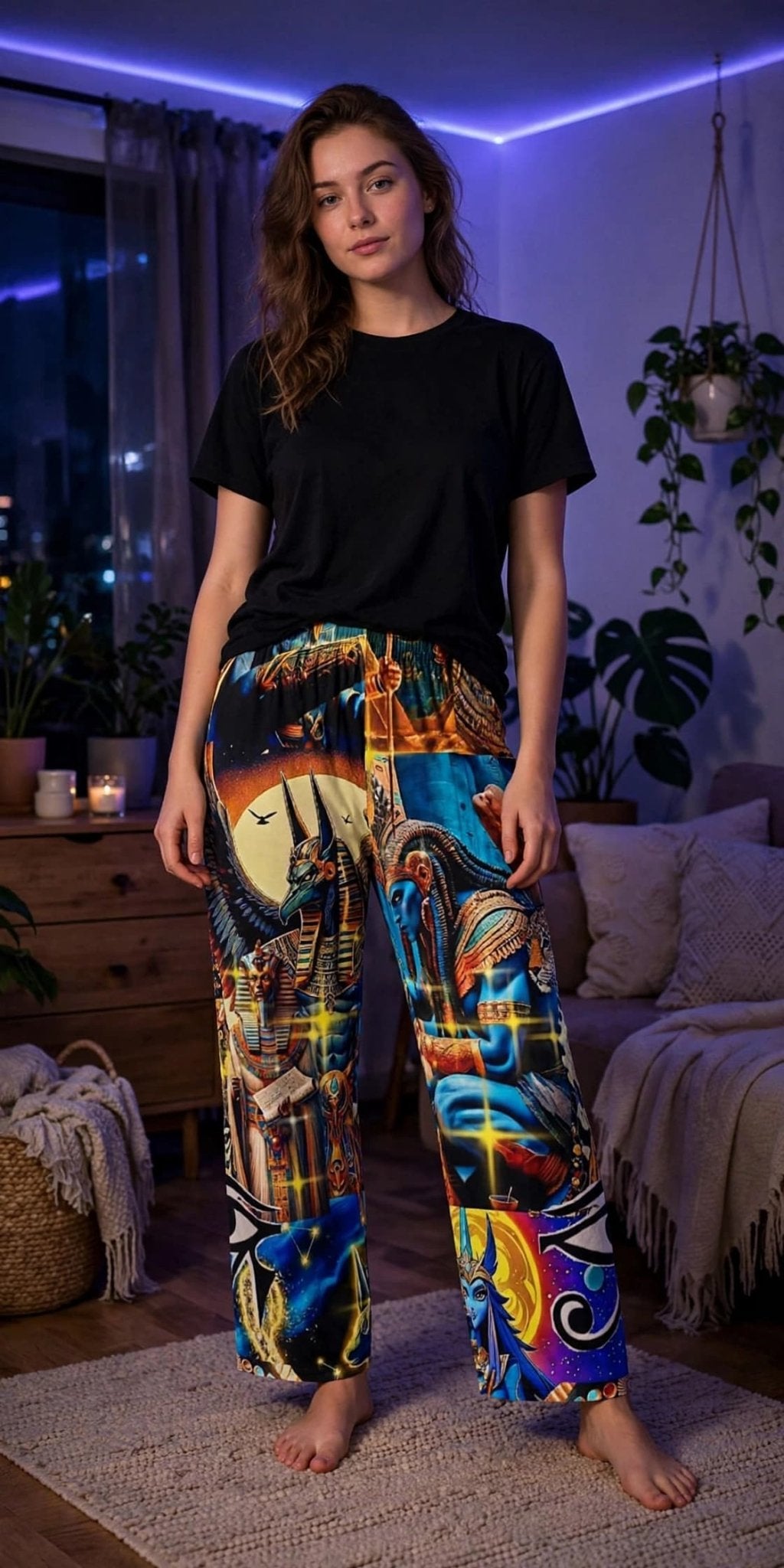 Woman wearing JR Vortex Astral Vision Pajama Pants with a black tee – relaxed wide-leg fit, Egyptian gods all-over print