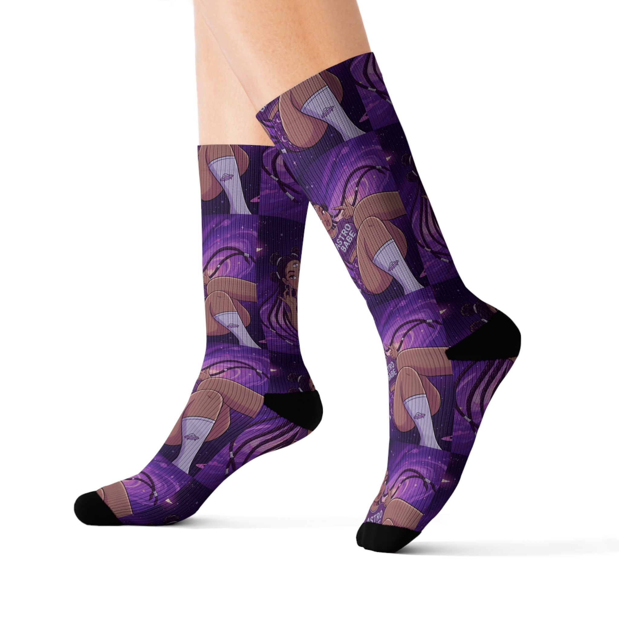 Astrology Babe Purple Sublimation Socks — Celestial Graphic Crew Socks