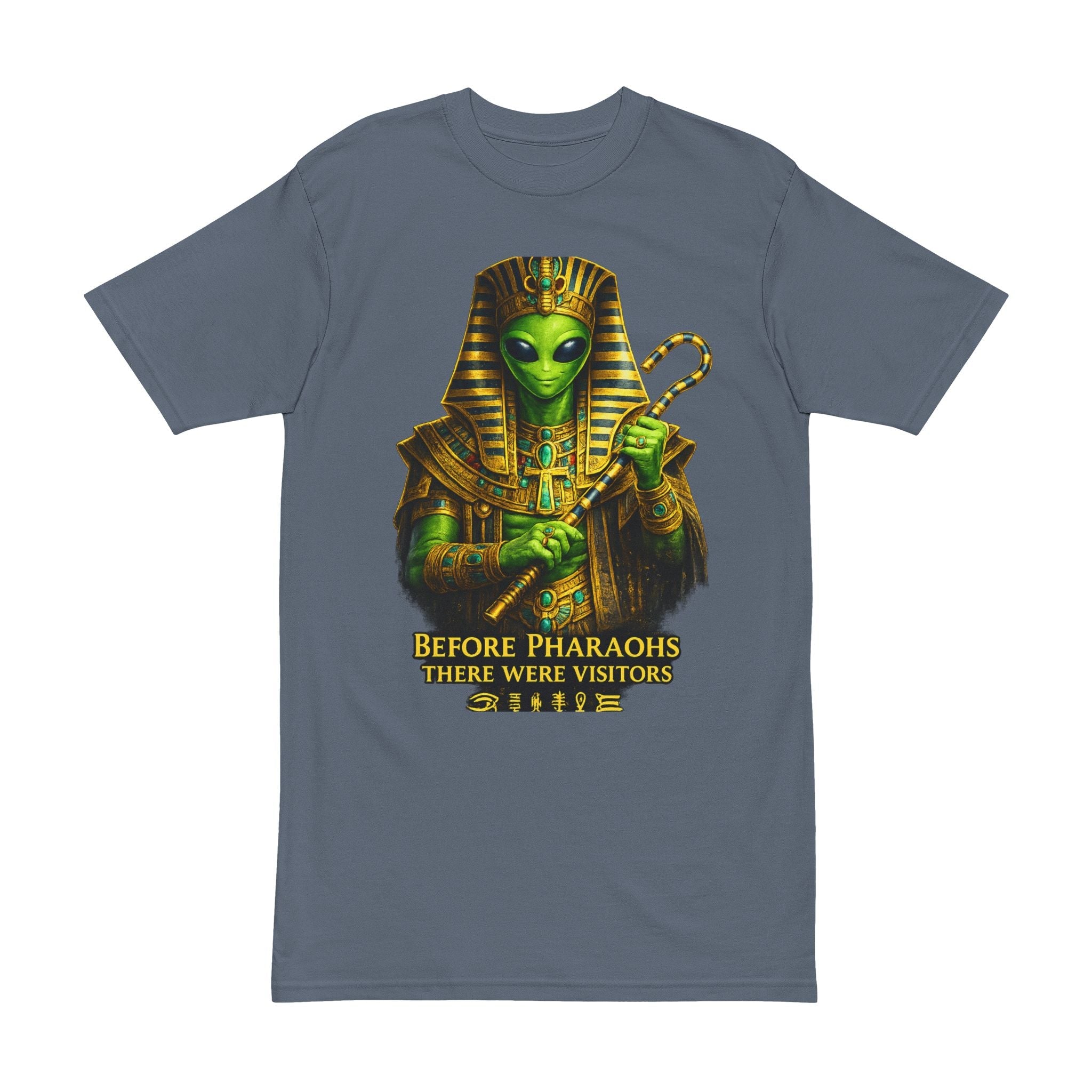 Alien Pharaoh T-Shirt – Ancient Egypt UFO Graphic Tee – “Before Pharaohs There Were Visitors” Printify