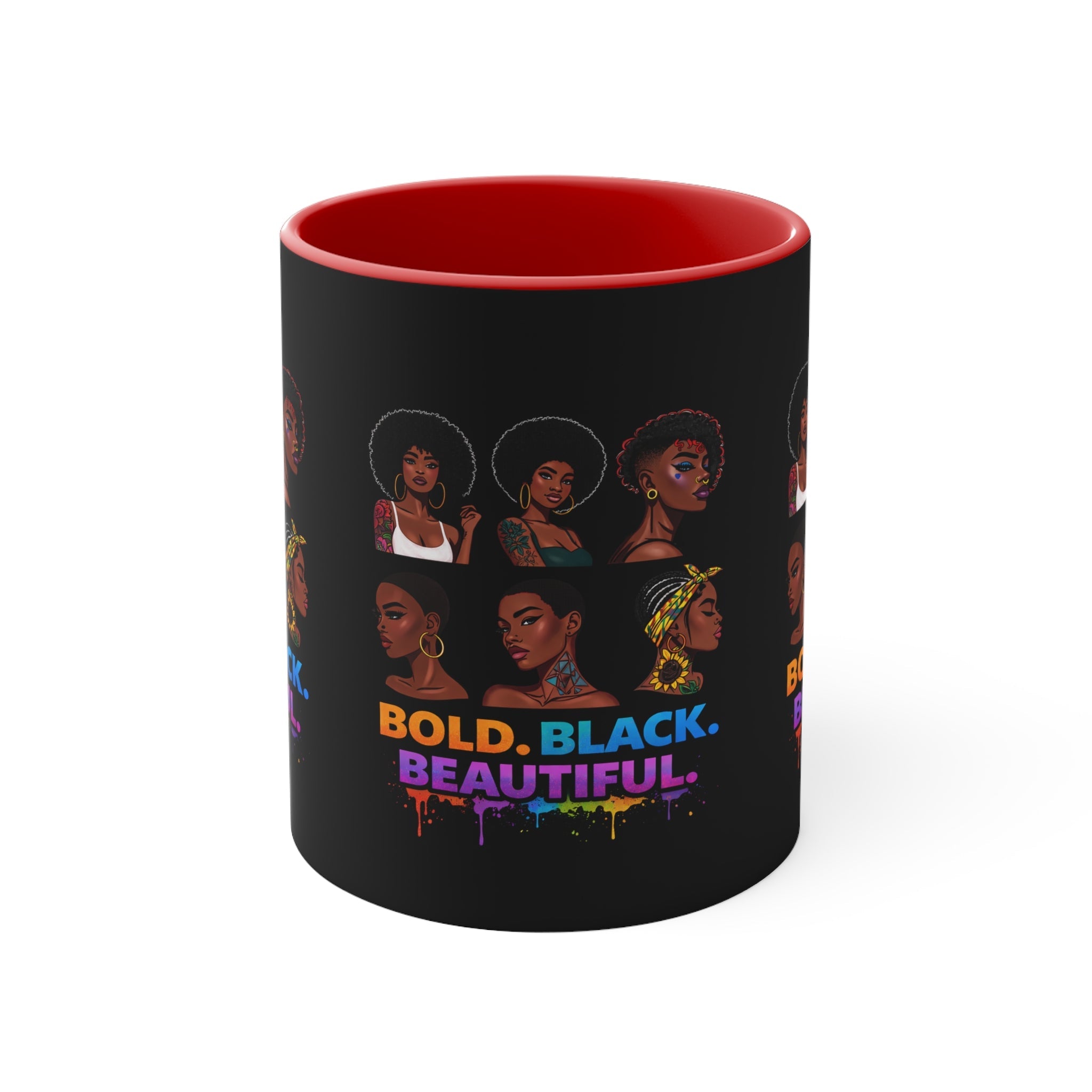 Bold Black Beautiful Accent Mug — Afrocentric Women Portraits, Empowerment Coffee Cup Printify