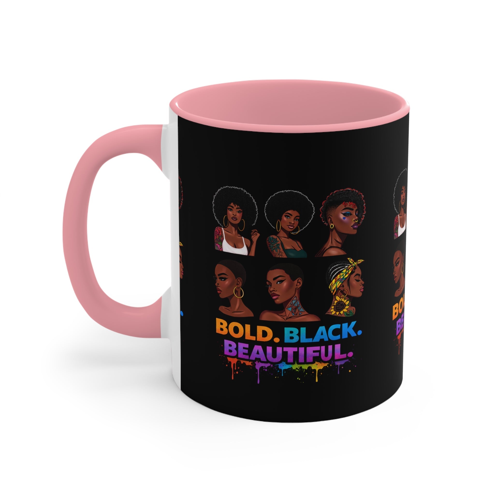 Bold Black Beautiful Accent Mug — Afrocentric Women Portraits, Empowerment Coffee Cup Printify