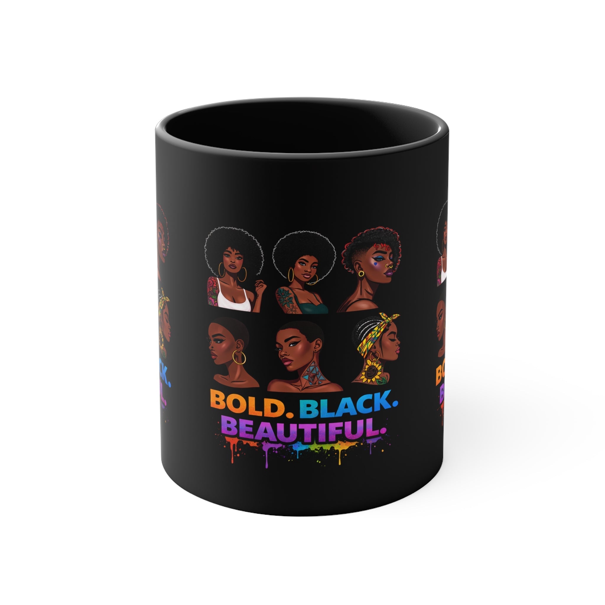 Bold Black Beautiful Accent Mug — Afrocentric Women Portraits, Empowerment Coffee Cup Printify