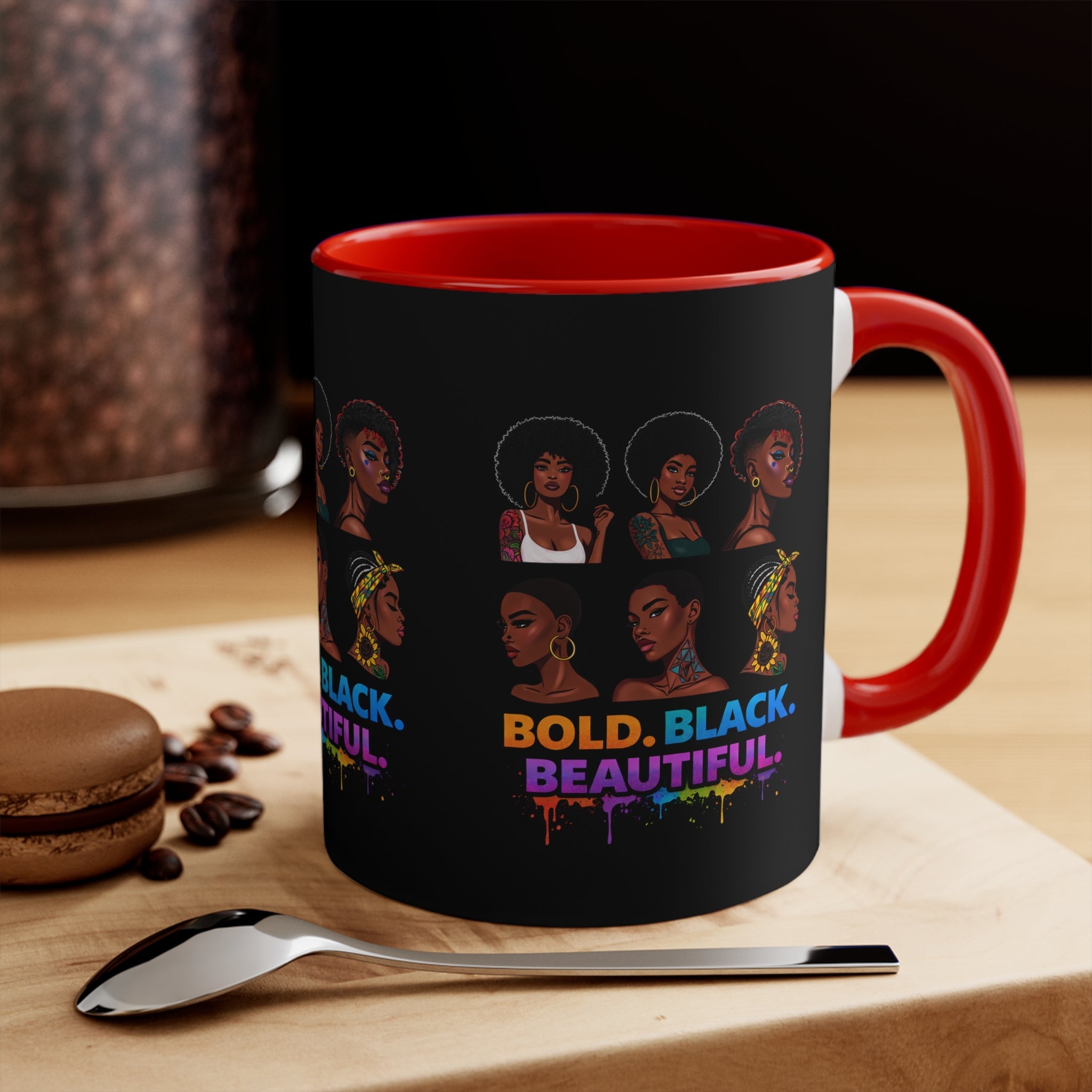 Bold Black Beautiful Accent Mug — Afrocentric Women Portraits, Empowerment Coffee Cup Printify