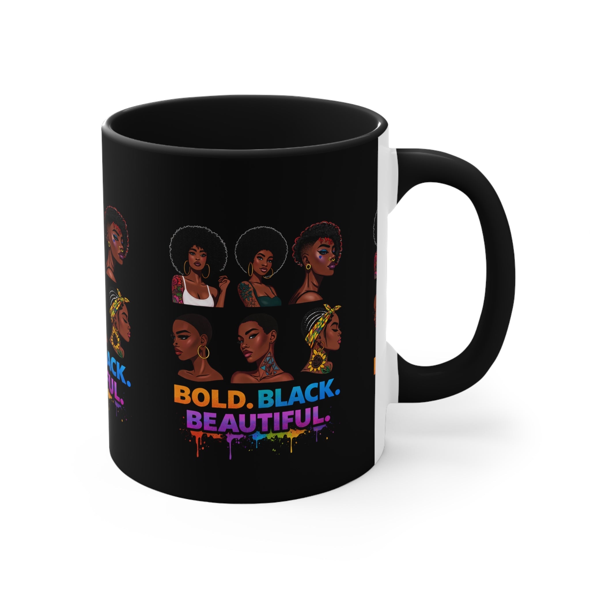 Bold Black Beautiful Accent Mug — Afrocentric Women Portraits, Empowerment Coffee Cup Printify