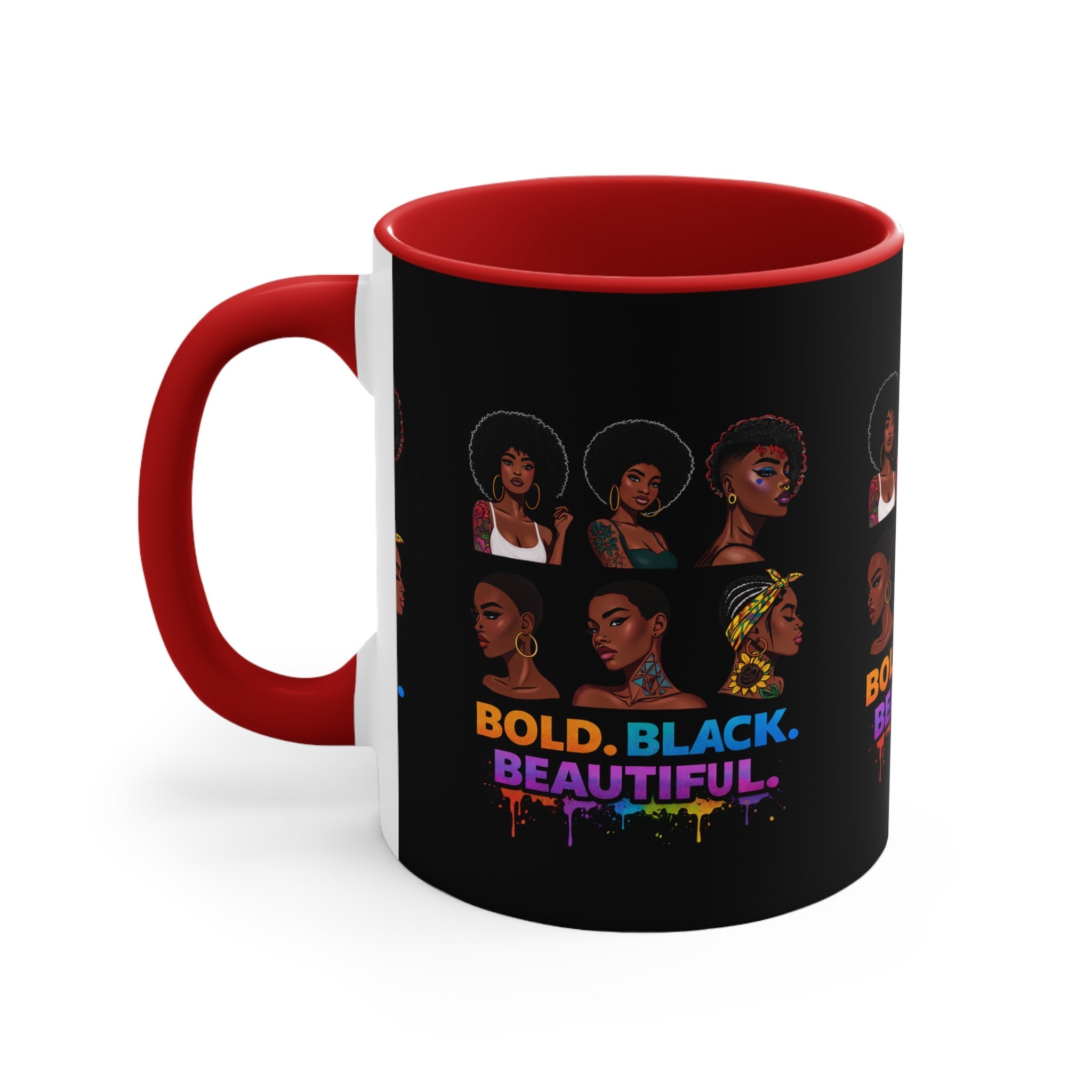 Bold Black Beautiful Accent Mug — Afrocentric Women Portraits, Empowerment Coffee Cup Printify