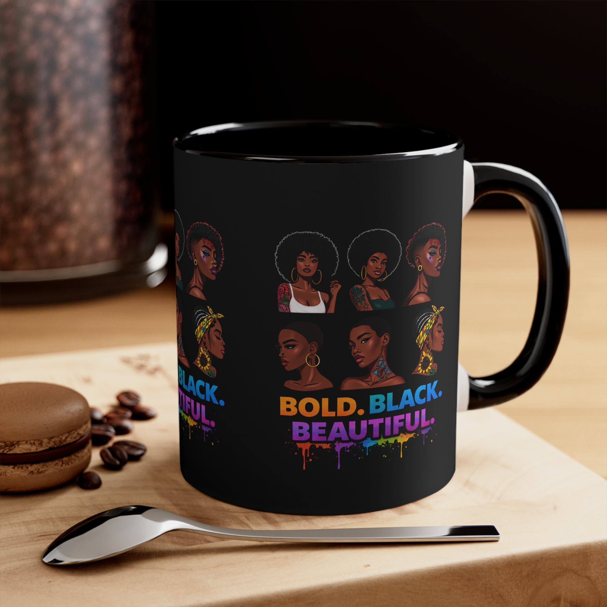 Bold Black Beautiful Accent Mug — Afrocentric Women Portraits, Empowerment Coffee Cup Printify