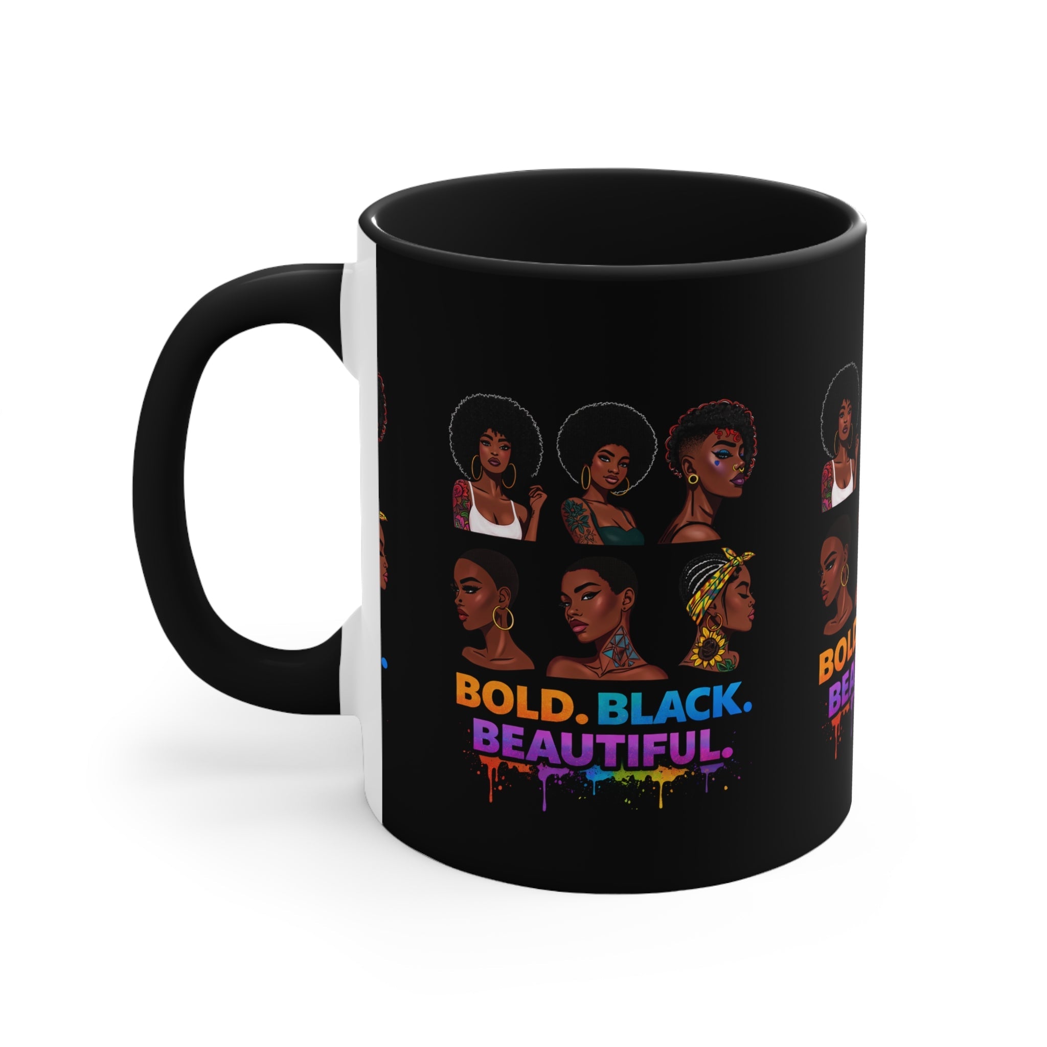 Bold Black Beautiful Accent Mug — Afrocentric Women Portraits, Empowerment Coffee Cup Printify