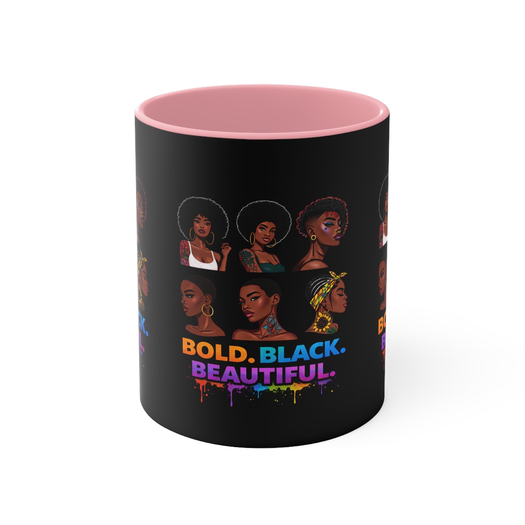 Bold Black Beautiful Accent Mug — Afrocentric Women Portraits, Empowerment Coffee Cup Printify
