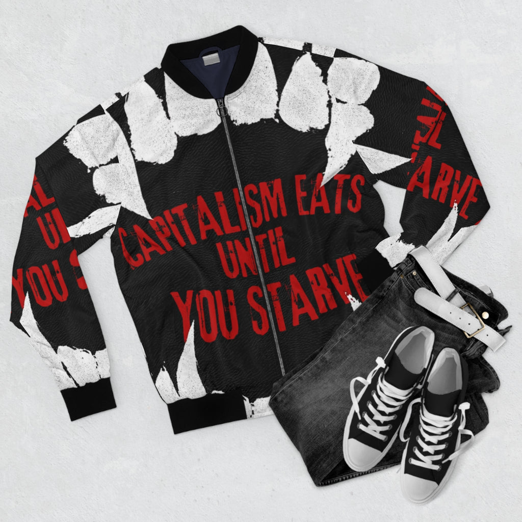 Bomber Jacket — "Capitalism Eats Until You Starve" Graphic Statement Jacket Printify