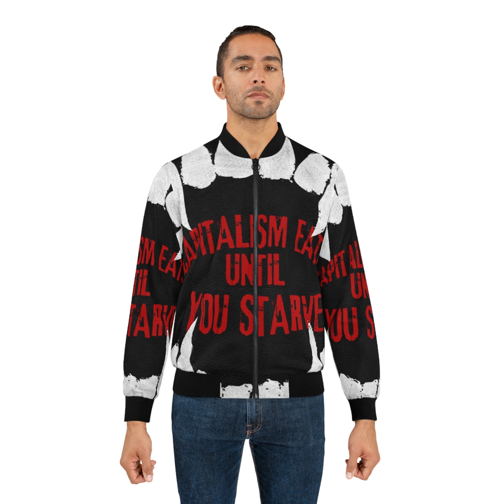 Bomber Jacket — "Capitalism Eats Until You Starve" Graphic Statement Jacket Printify