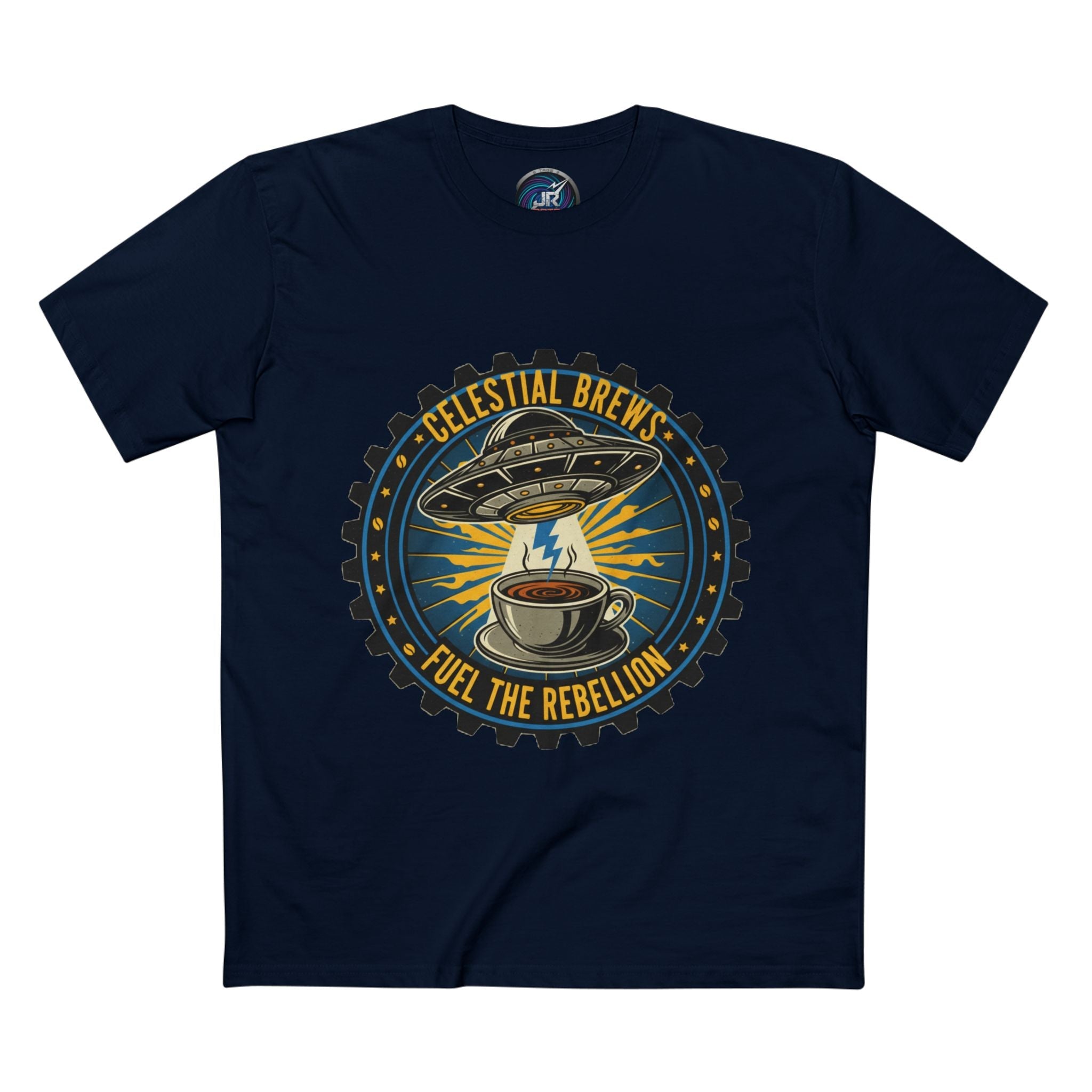 Cosmic Grind T-Shirt — “Fuel the Rebellion” Retro Sci-Fi Coffee Graphic Tee Printify