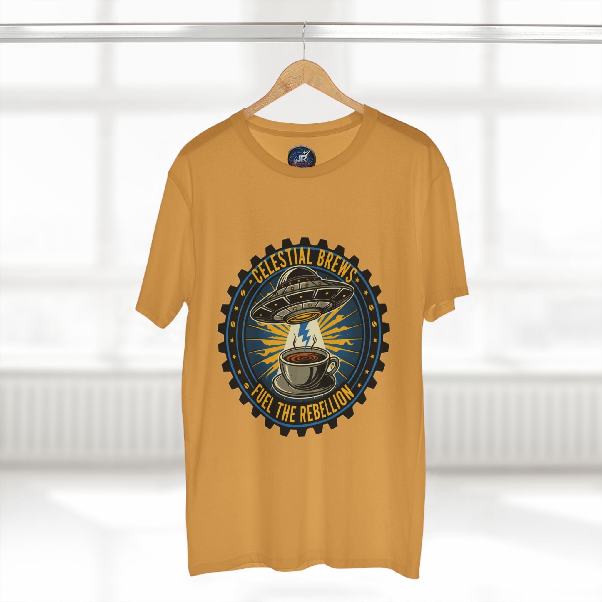 Cosmic Grind T-Shirt — “Fuel the Rebellion” Retro Sci-Fi Coffee Graphic Tee Printify