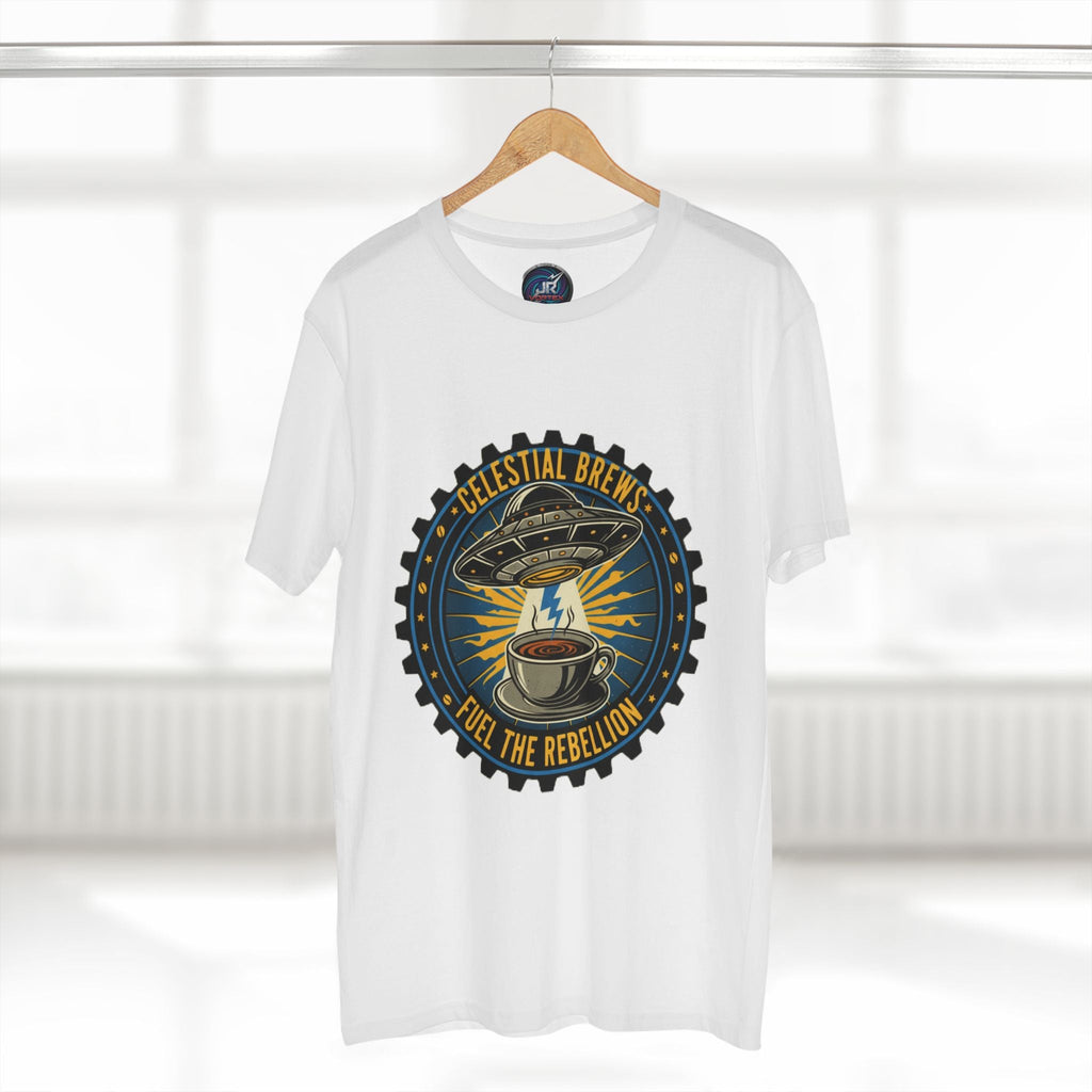 Cosmic Grind T-Shirt — “Fuel the Rebellion” Retro Sci-Fi Coffee Graphic Tee Printify
