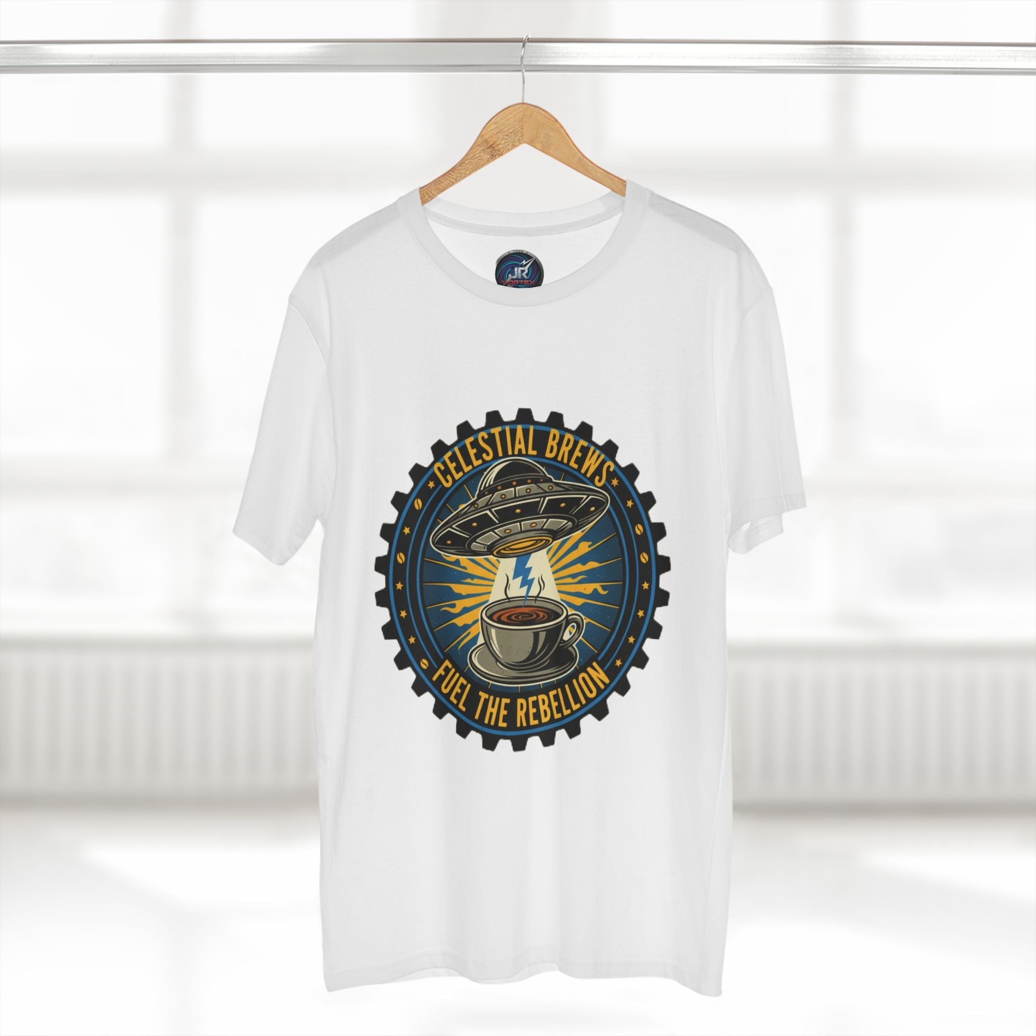 Cosmic Grind T-Shirt — “Fuel the Rebellion” Retro Sci-Fi Coffee Graphic Tee Printify