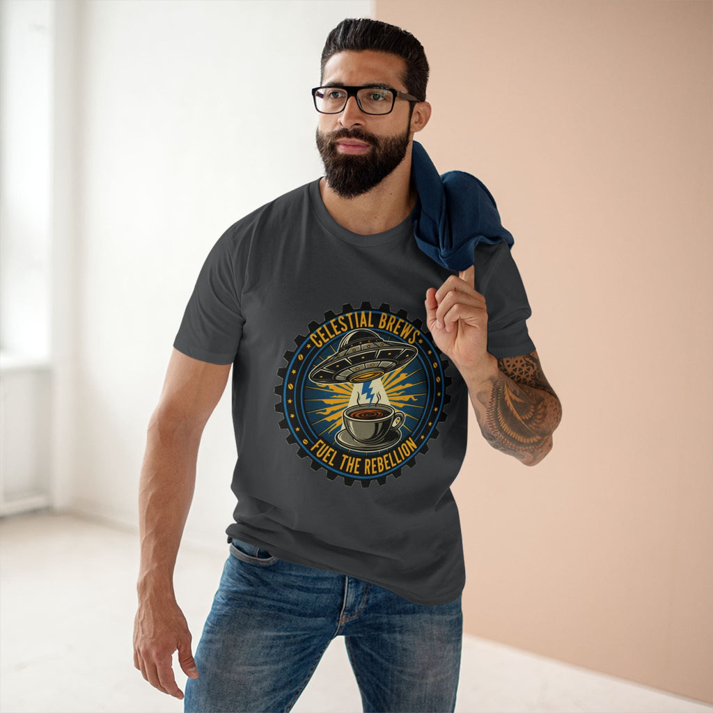 Cosmic Grind T-Shirt — “Fuel the Rebellion” Retro Sci-Fi Coffee Graphic Tee Printify