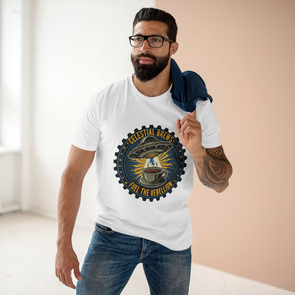 Cosmic Grind T-Shirt — “Fuel the Rebellion” Retro Sci-Fi Coffee Graphic Tee Printify
