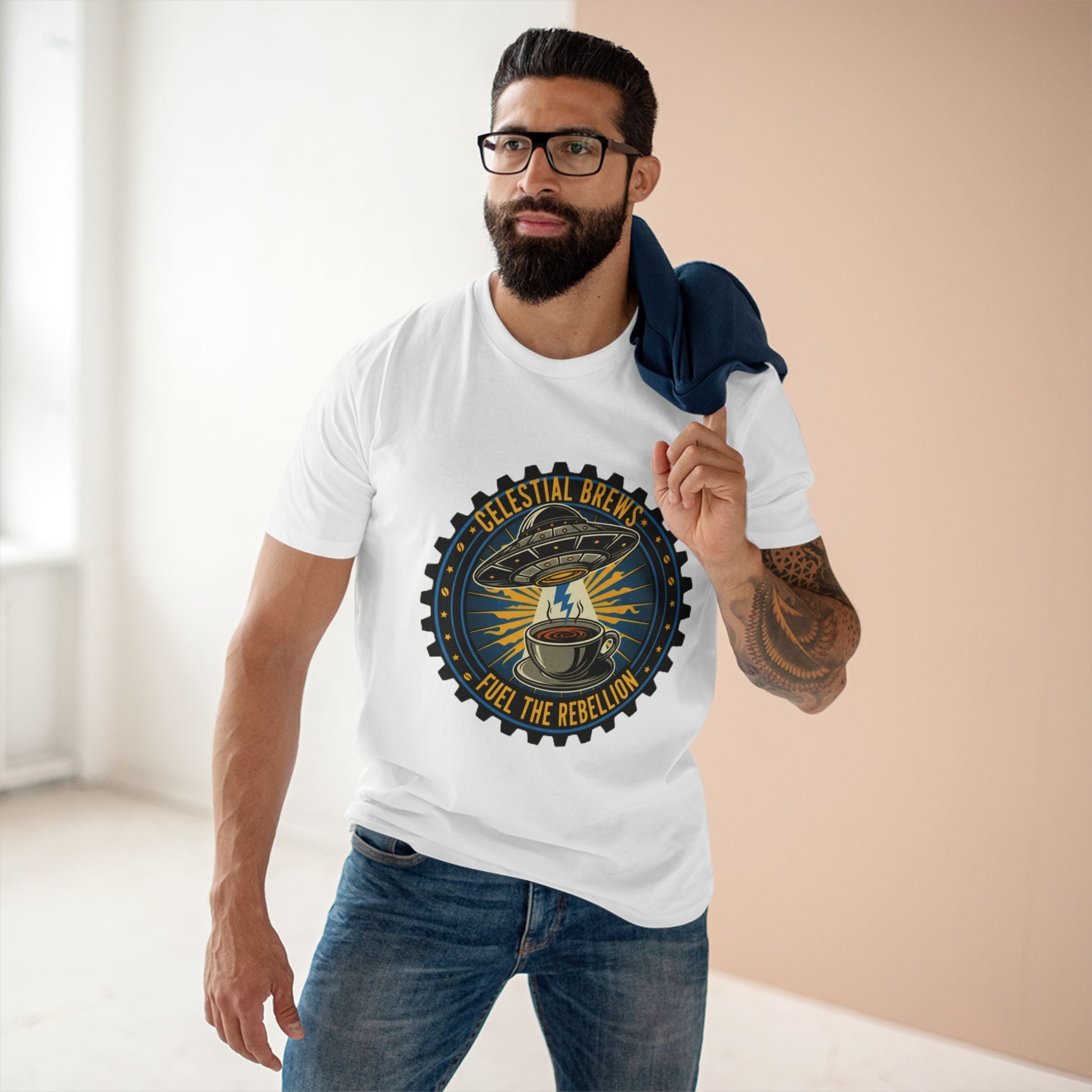 Cosmic Grind T-Shirt — “Fuel the Rebellion” Retro Sci-Fi Coffee Graphic Tee Printify