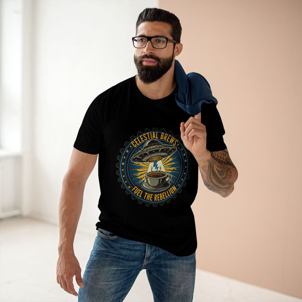 Cosmic Grind T-Shirt — “Fuel the Rebellion” Retro Sci-Fi Coffee Graphic Tee Printify