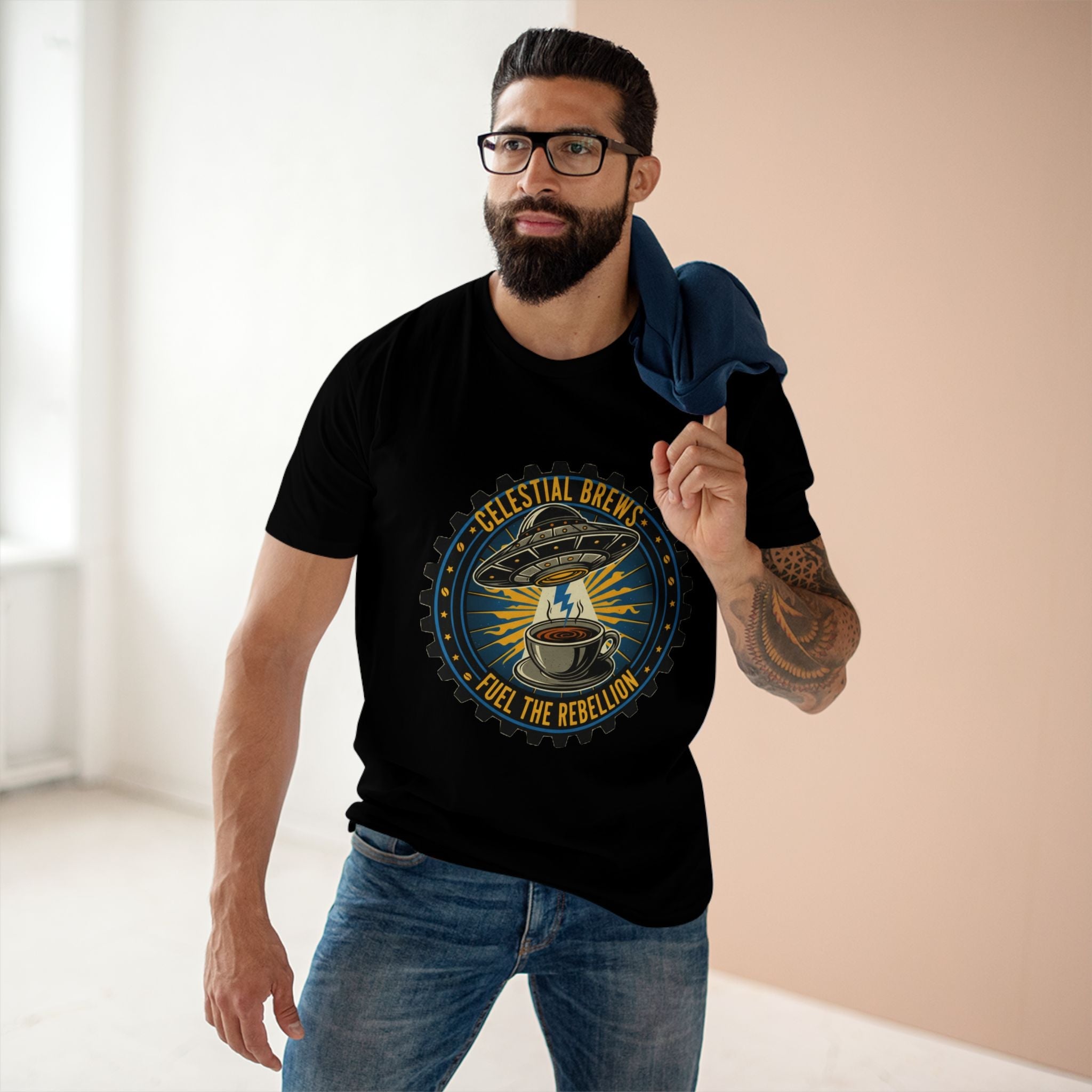 Cosmic Grind T-Shirt — “Fuel the Rebellion” Retro Sci-Fi Coffee Graphic Tee Printify