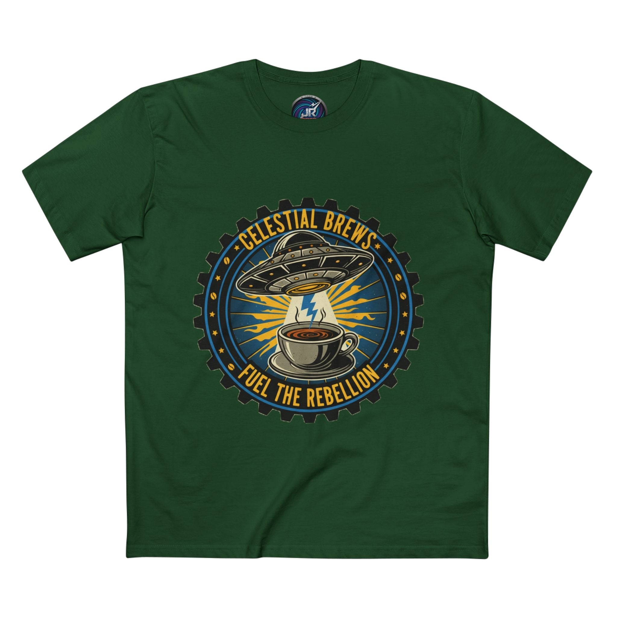 Cosmic Grind T-Shirt — “Fuel the Rebellion” Retro Sci-Fi Coffee Graphic Tee Printify
