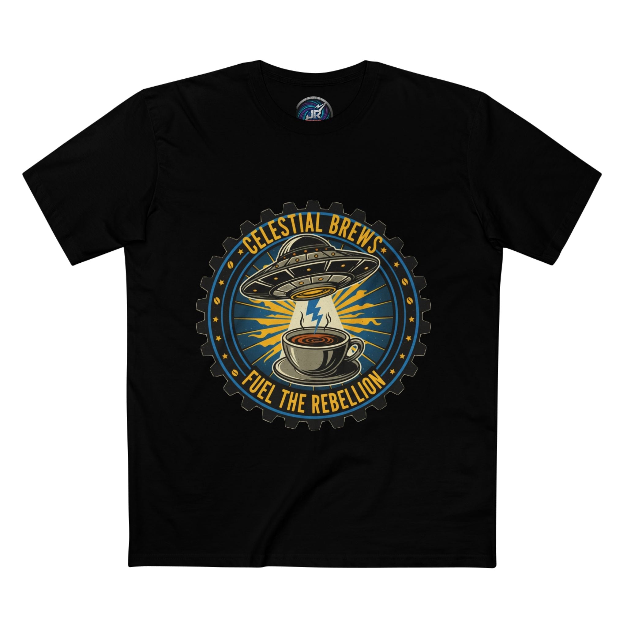 Cosmic Grind T-Shirt — “Fuel the Rebellion” Retro Sci-Fi Coffee Graphic Tee Printify