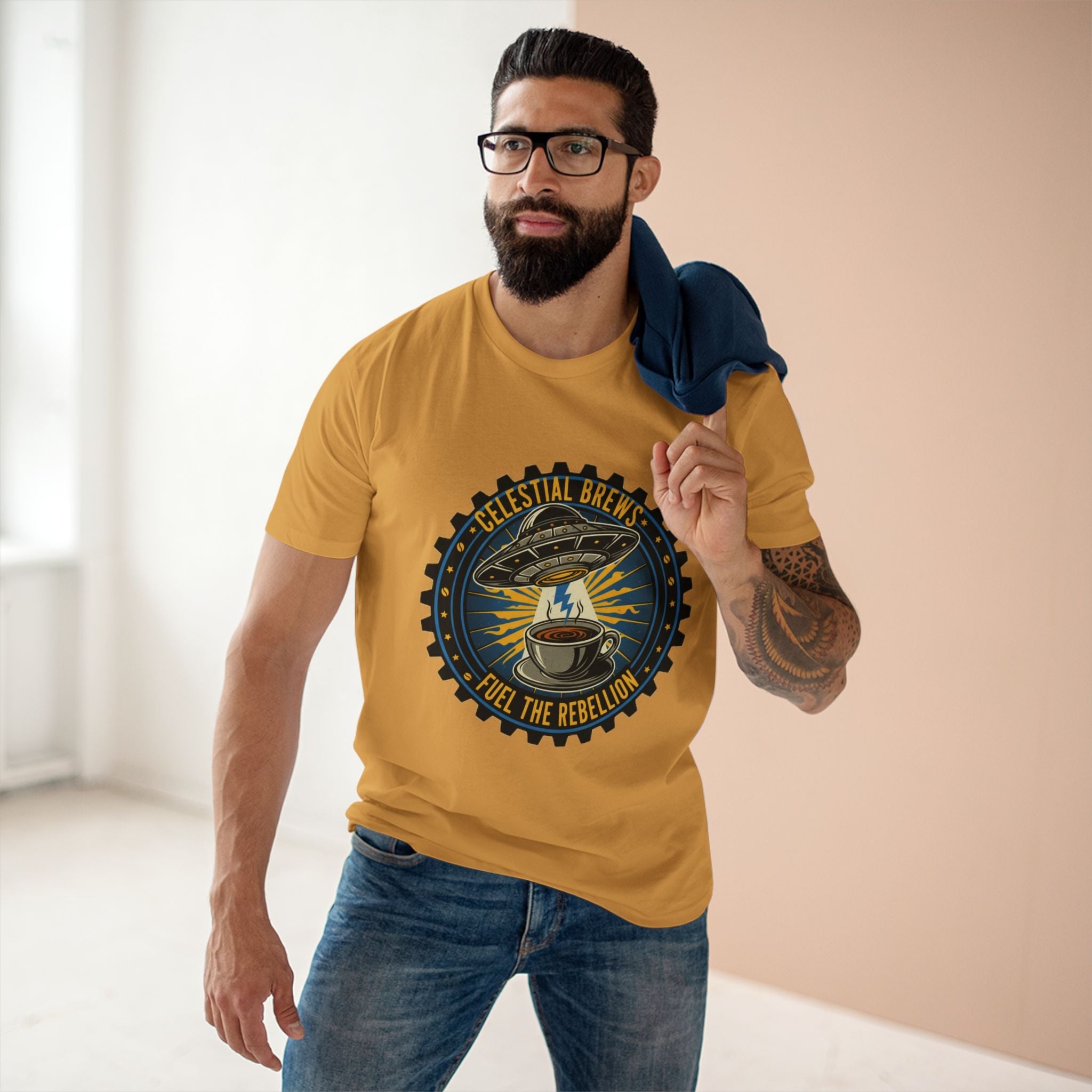 Cosmic Grind T-Shirt — “Fuel the Rebellion” Retro Sci-Fi Coffee Graphic Tee Printify