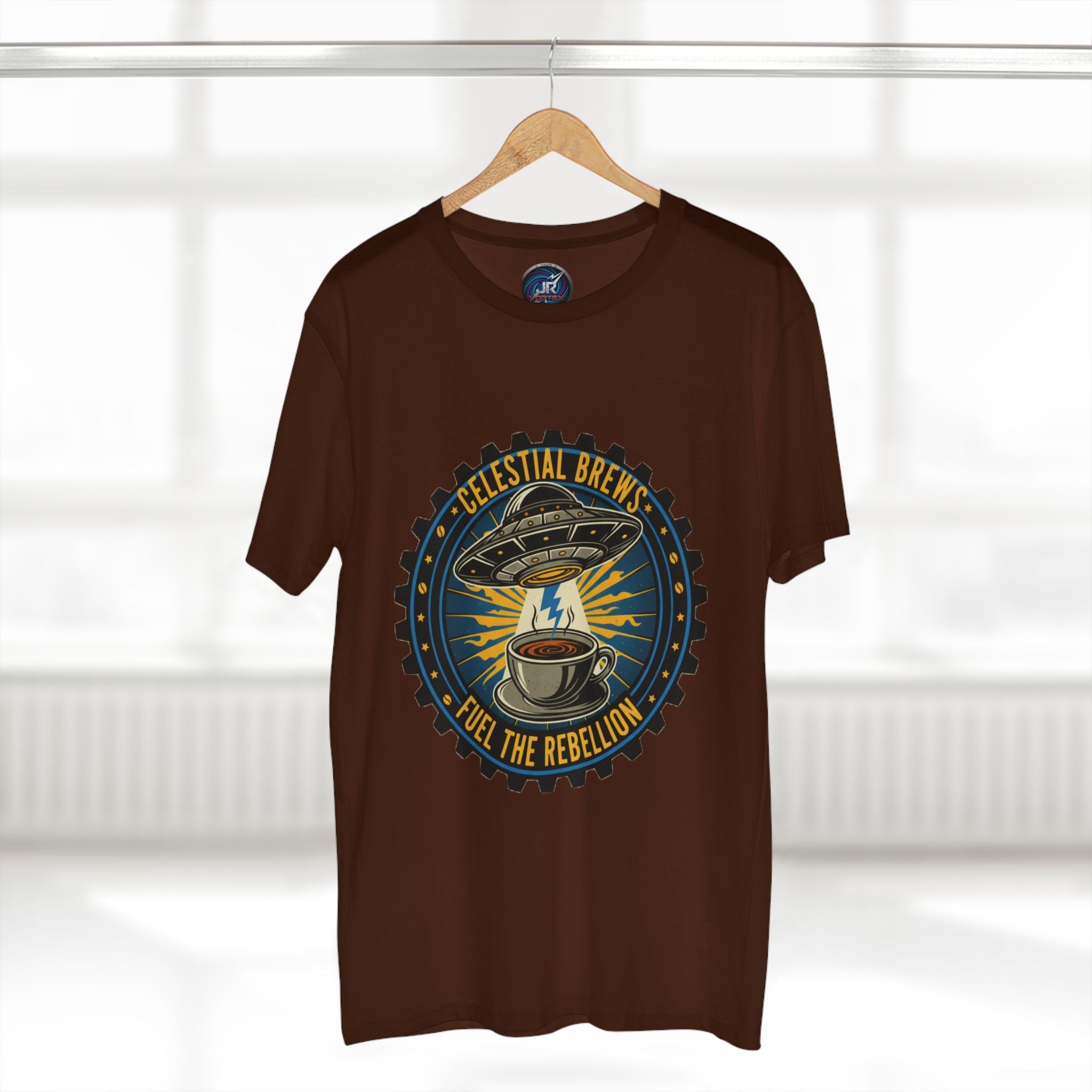 Cosmic Grind T-Shirt — “Fuel the Rebellion” Retro Sci-Fi Coffee Graphic Tee Printify