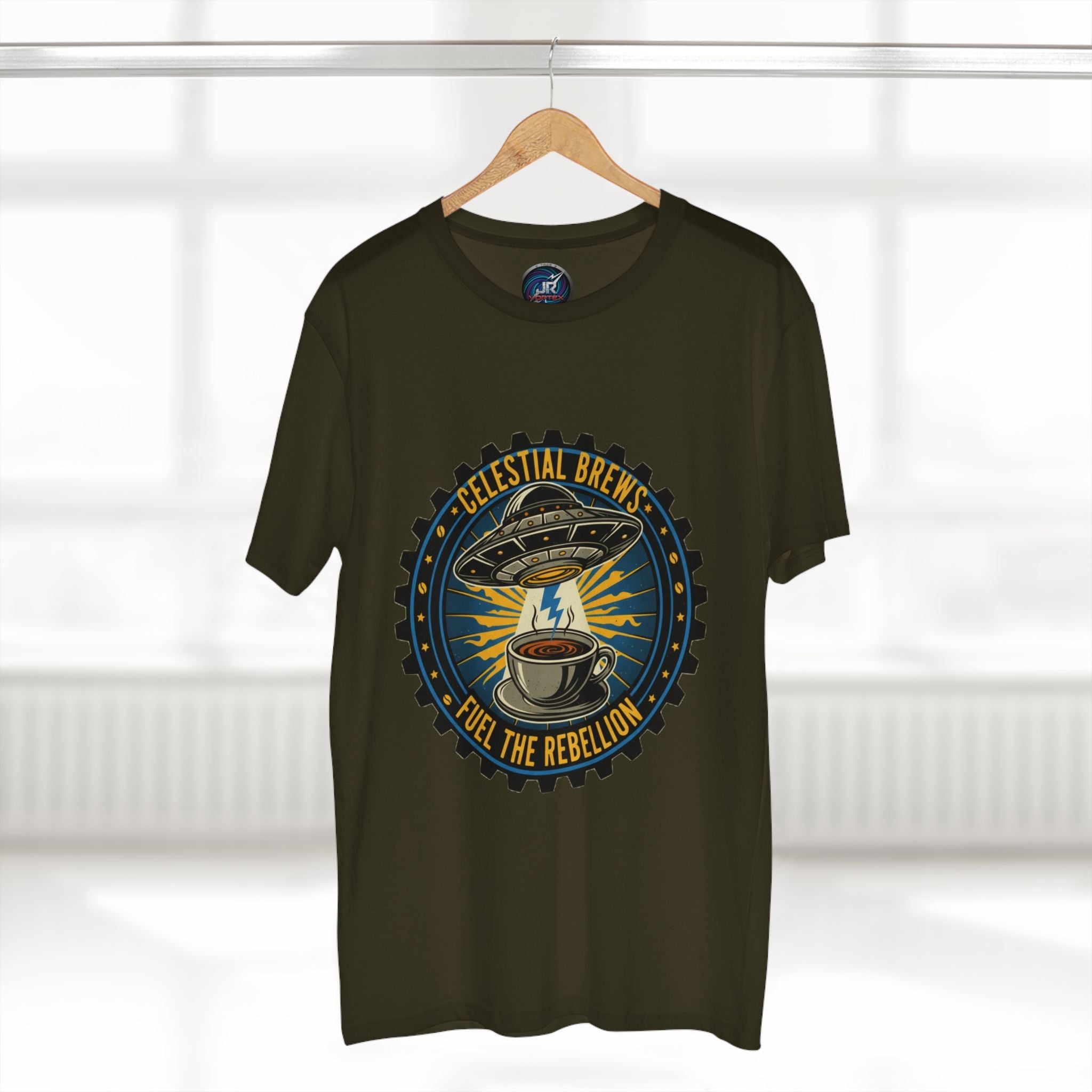 Cosmic Grind T-Shirt — “Fuel the Rebellion” Retro Sci-Fi Coffee Graphic Tee Printify