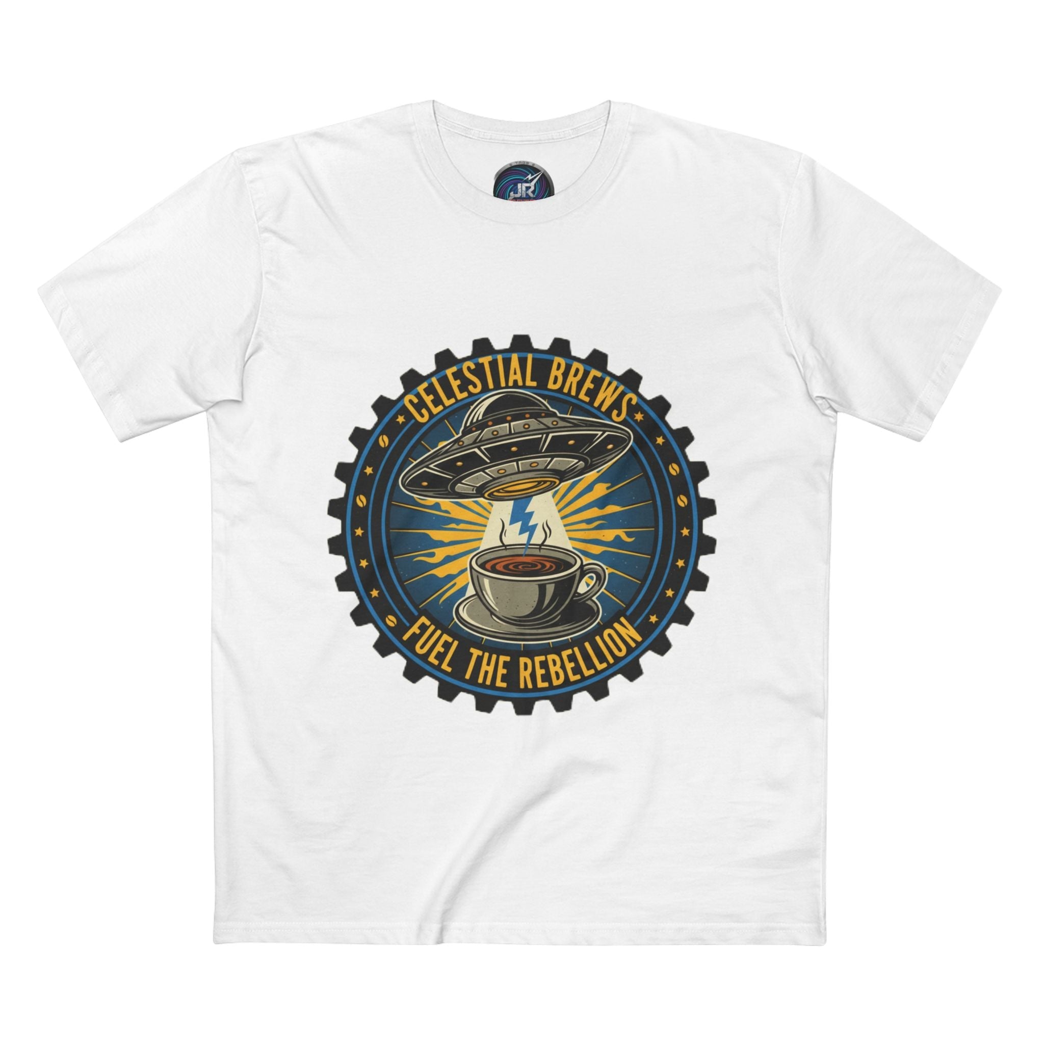 Cosmic Grind T-Shirt — “Fuel the Rebellion” Retro Sci-Fi Coffee Graphic Tee Printify