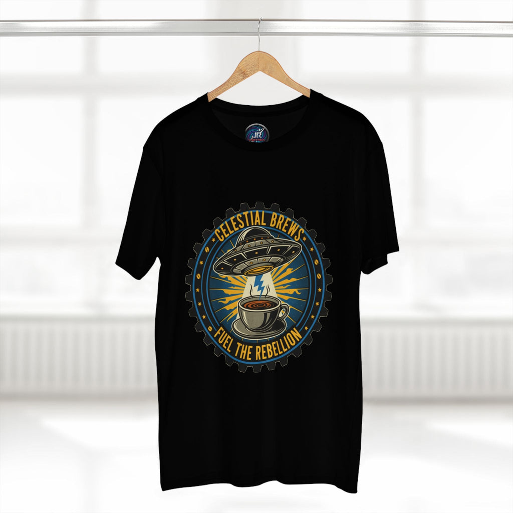 Cosmic Grind T-Shirt — “Fuel the Rebellion” Retro Sci-Fi Coffee Graphic Tee Printify
