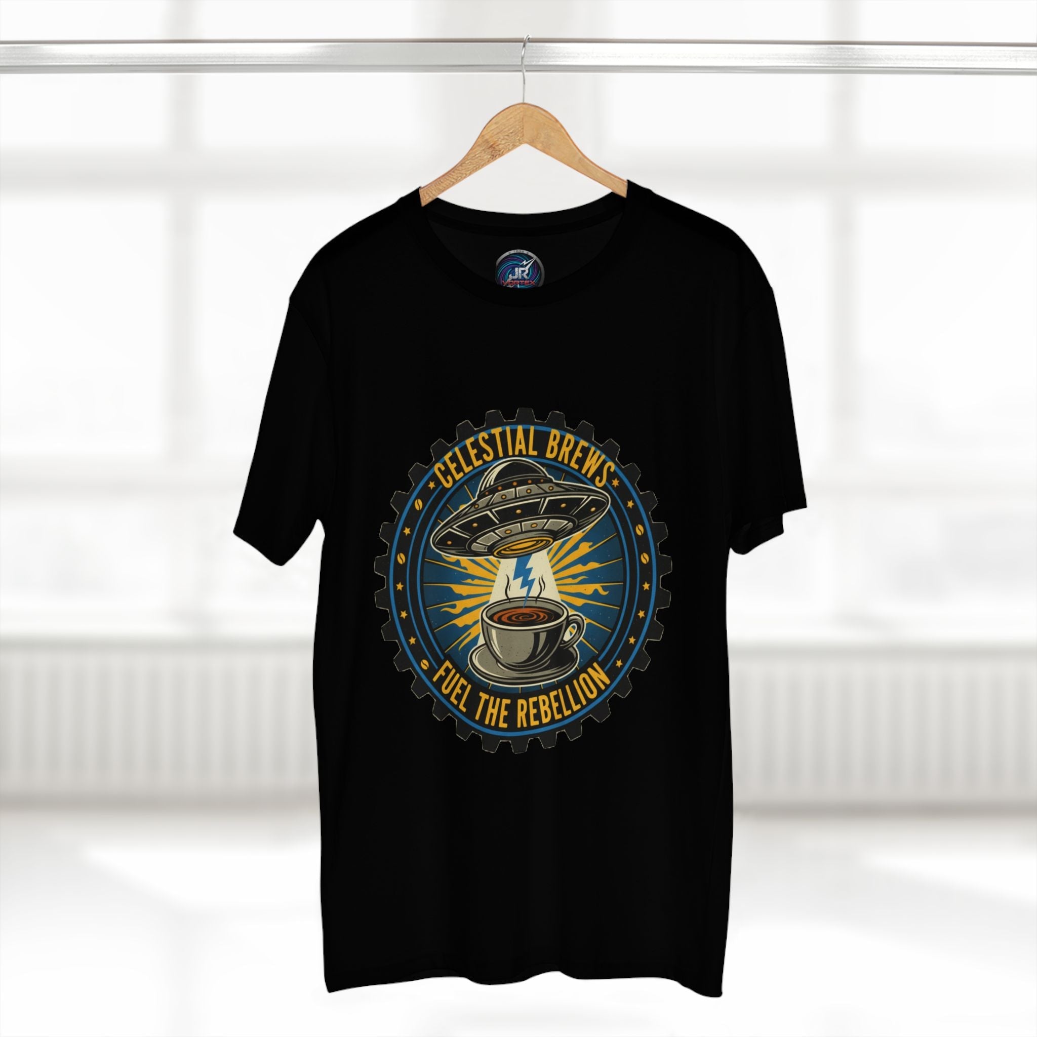 Cosmic Grind T-Shirt — “Fuel the Rebellion” Retro Sci-Fi Coffee Graphic Tee Printify
