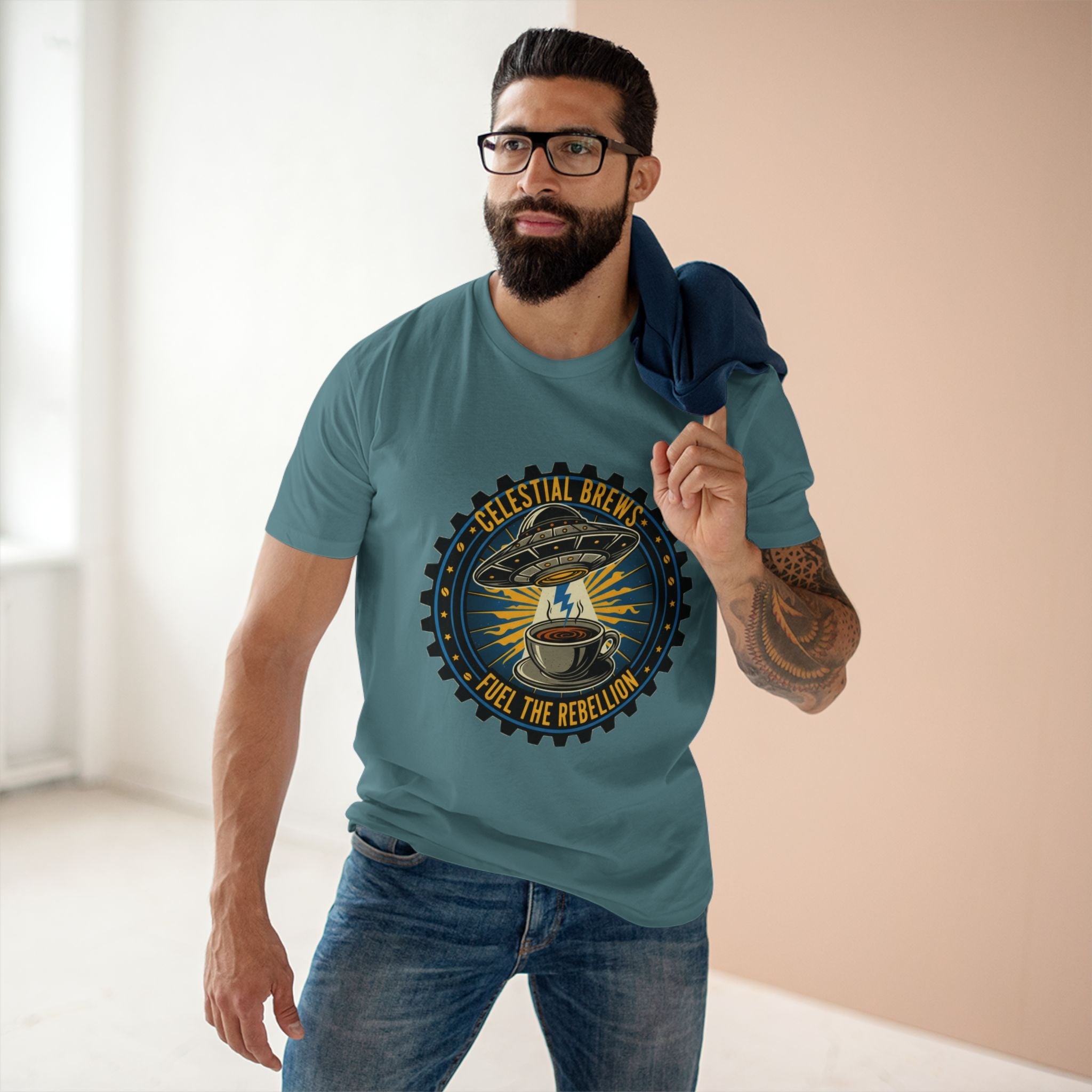 Cosmic Grind T-Shirt — “Fuel the Rebellion” Retro Sci-Fi Coffee Graphic Tee Printify