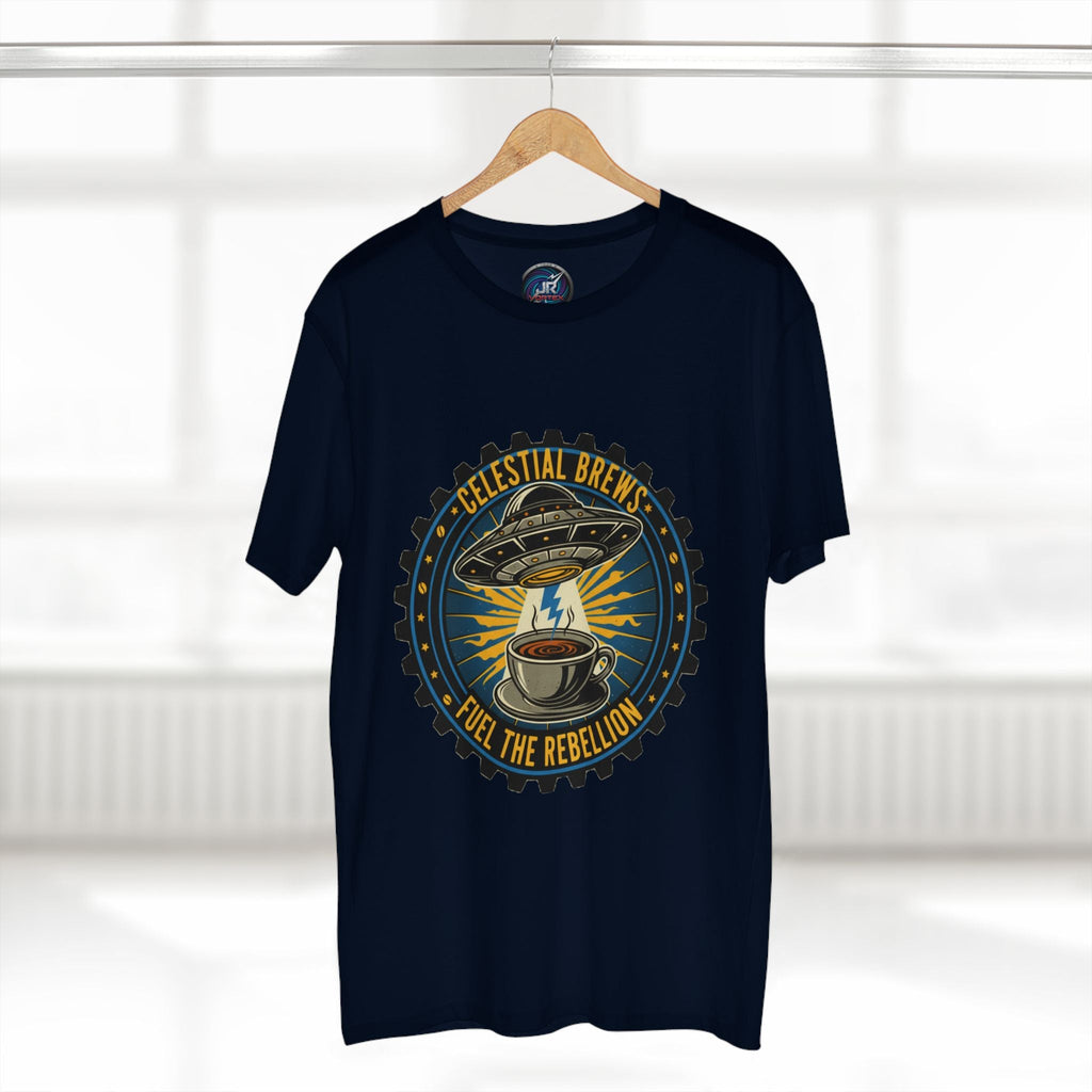 Cosmic Grind T-Shirt — “Fuel the Rebellion” Retro Sci-Fi Coffee Graphic Tee Printify