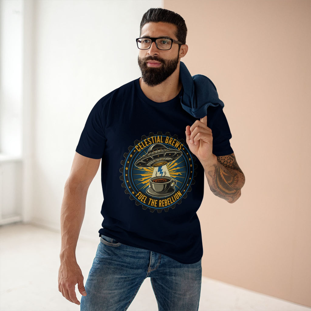 Cosmic Grind T-Shirt — “Fuel the Rebellion” Retro Sci-Fi Coffee Graphic Tee Printify