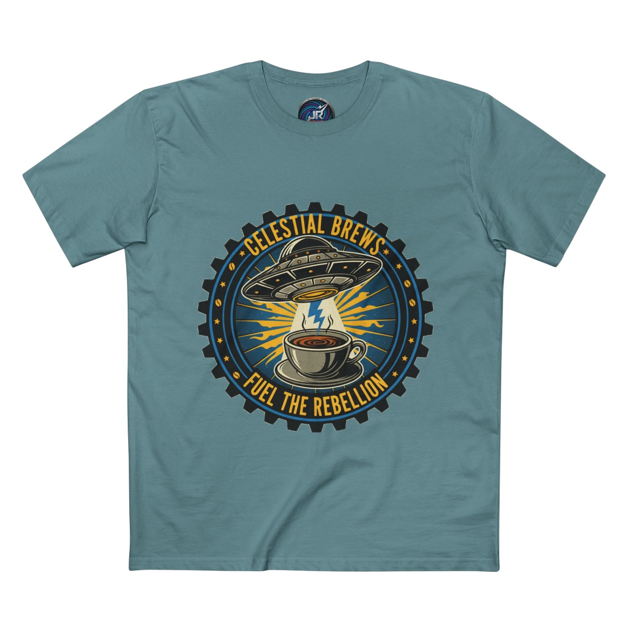Cosmic Grind T-Shirt — “Fuel the Rebellion” Retro Sci-Fi Coffee Graphic Tee Printify