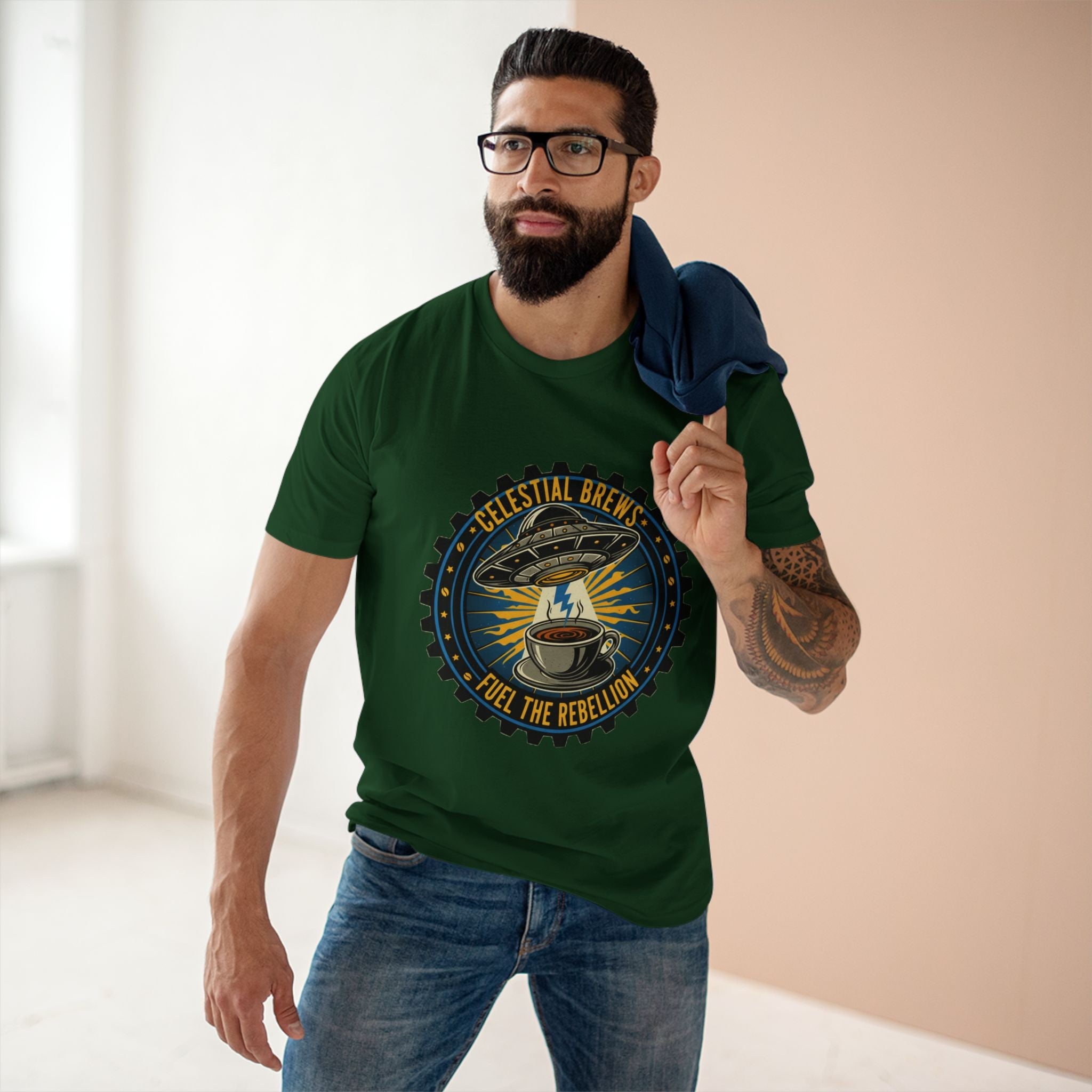 Cosmic Grind T-Shirt — “Fuel the Rebellion” Retro Sci-Fi Coffee Graphic Tee Printify