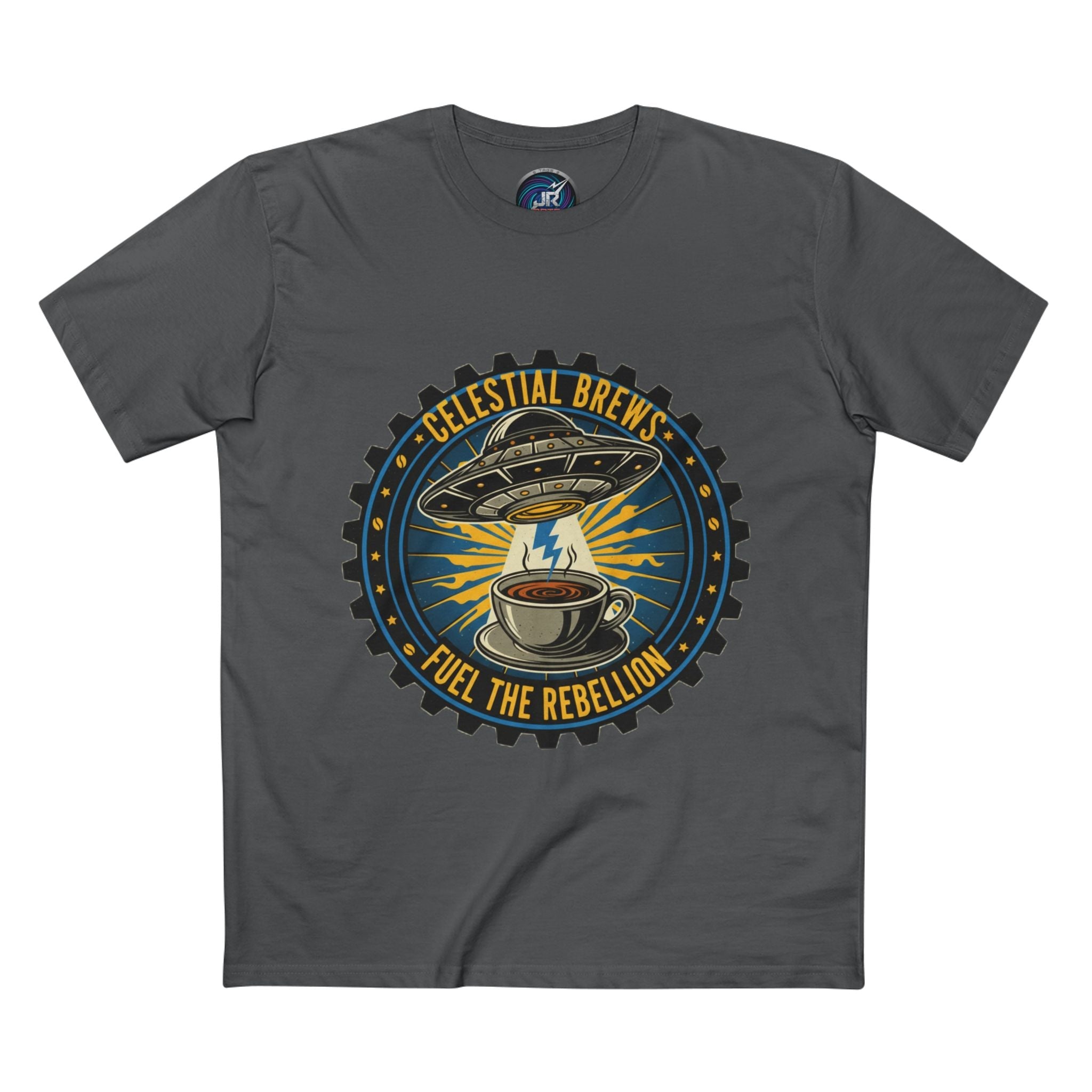 Cosmic Grind T-Shirt — “Fuel the Rebellion” Retro Sci-Fi Coffee Graphic Tee Printify