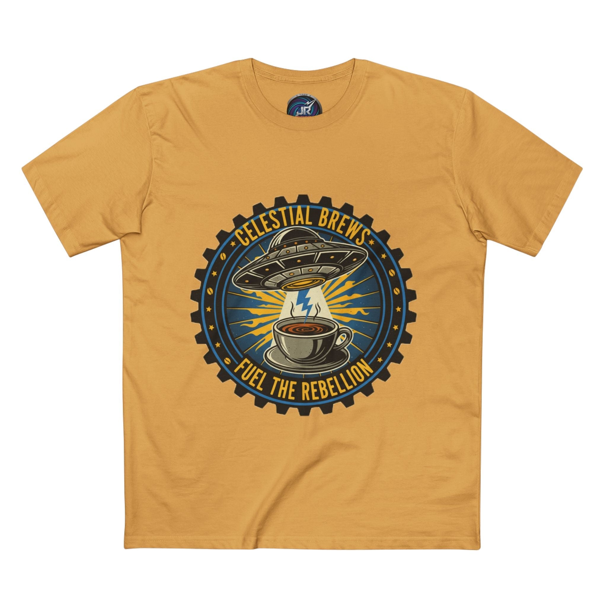 Cosmic Grind T-Shirt — “Fuel the Rebellion” Retro Sci-Fi Coffee Graphic Tee Printify