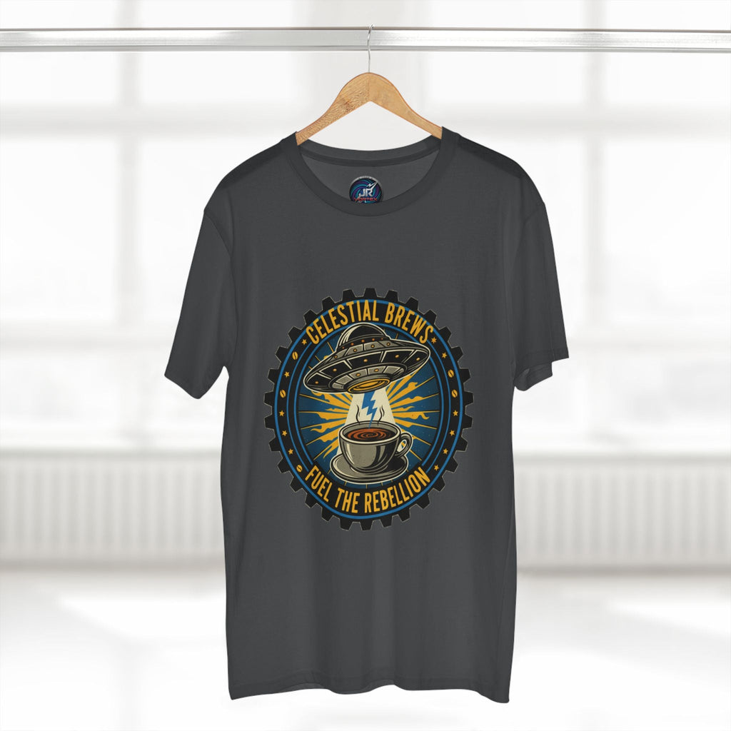 Cosmic Grind T-Shirt — “Fuel the Rebellion” Retro Sci-Fi Coffee Graphic Tee Printify