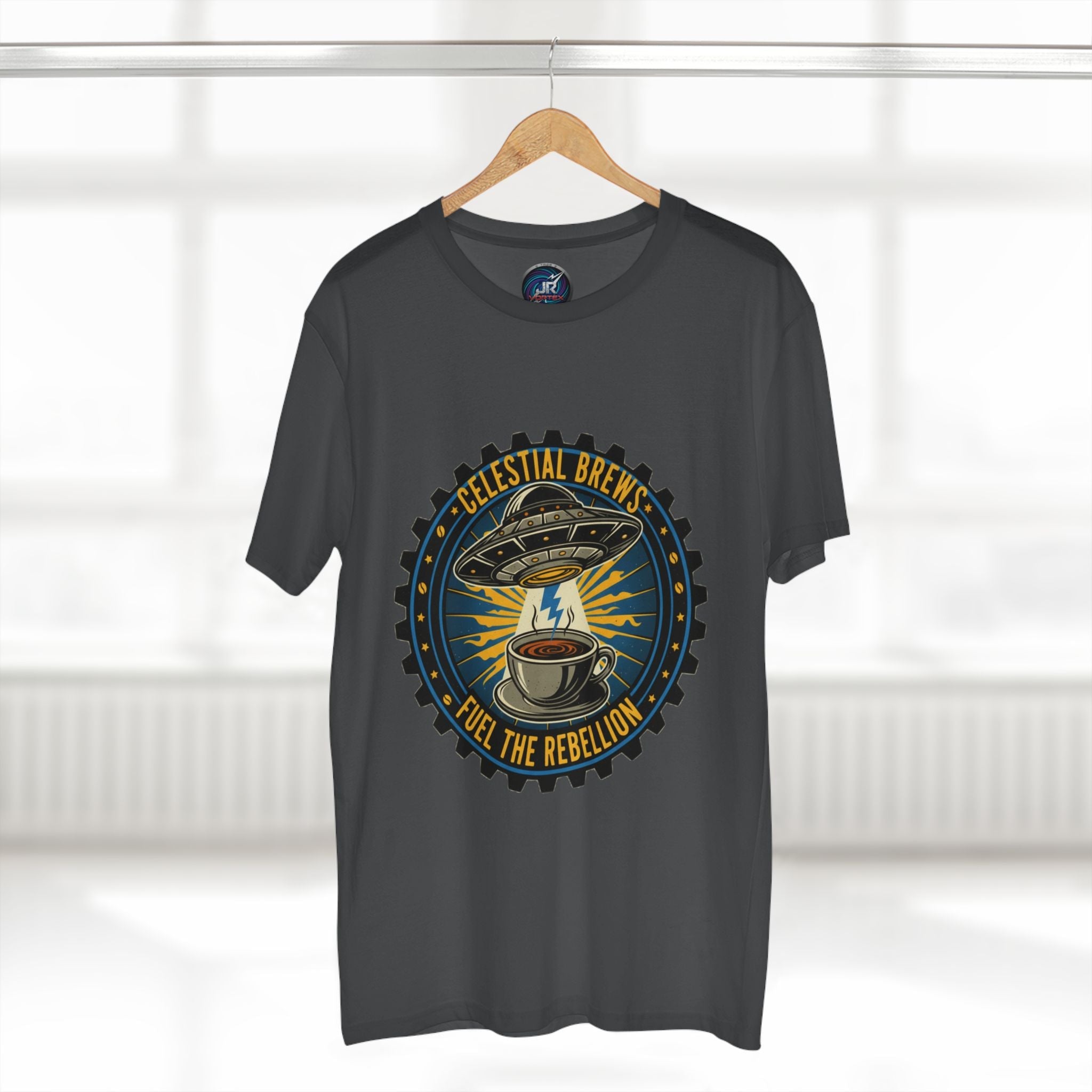 Cosmic Grind T-Shirt — “Fuel the Rebellion” Retro Sci-Fi Coffee Graphic Tee Printify
