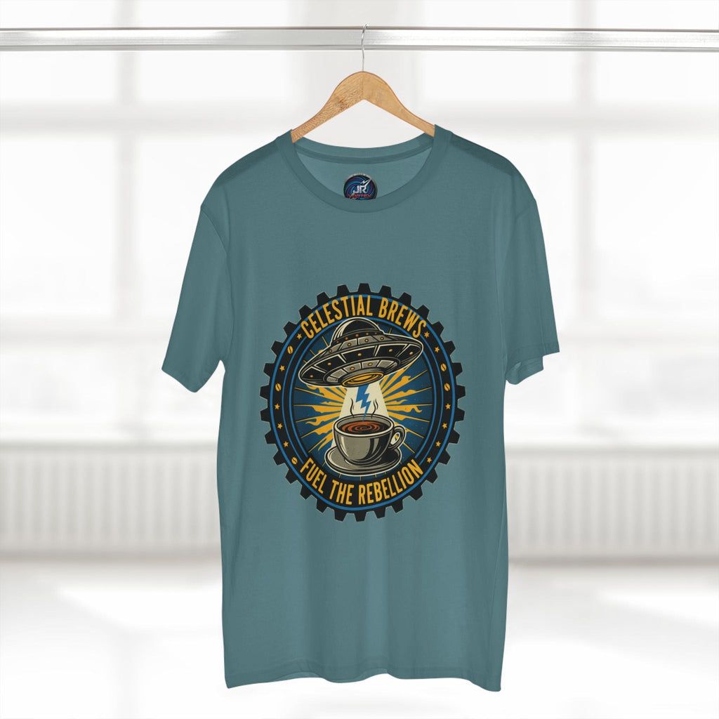 Cosmic Grind T-Shirt — “Fuel the Rebellion” Retro Sci-Fi Coffee Graphic Tee Printify