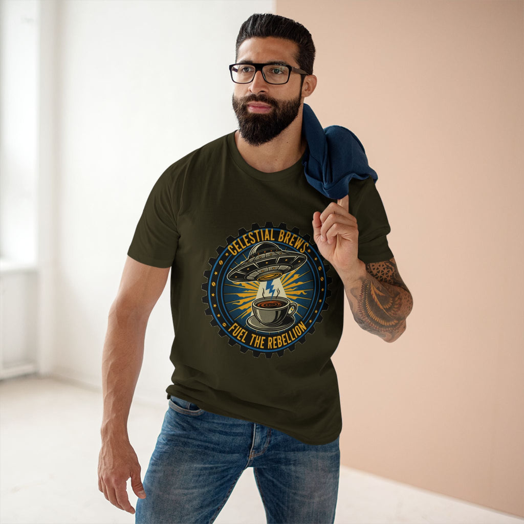 Cosmic Grind T-Shirt — “Fuel the Rebellion” Retro Sci-Fi Coffee Graphic Tee Printify
