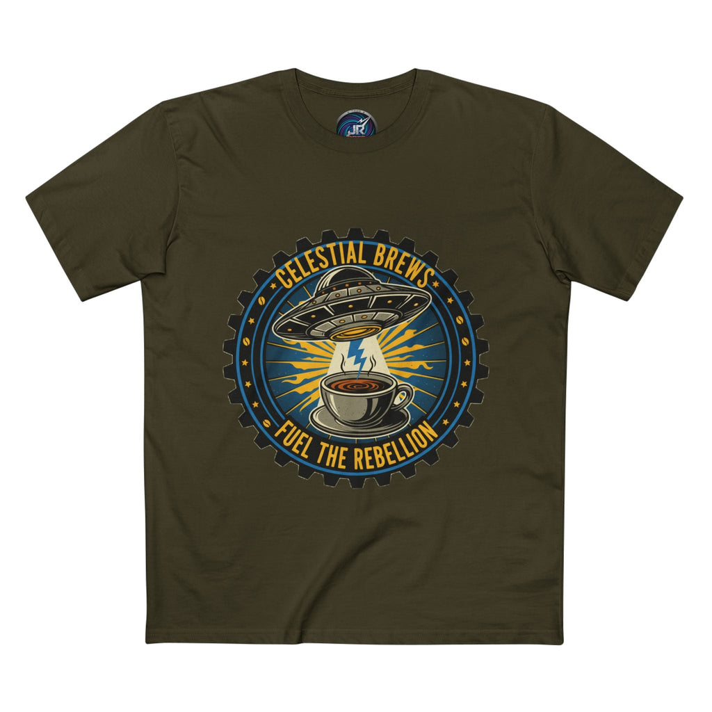 Cosmic Grind T-Shirt — “Fuel the Rebellion” Retro Sci-Fi Coffee Graphic Tee Printify