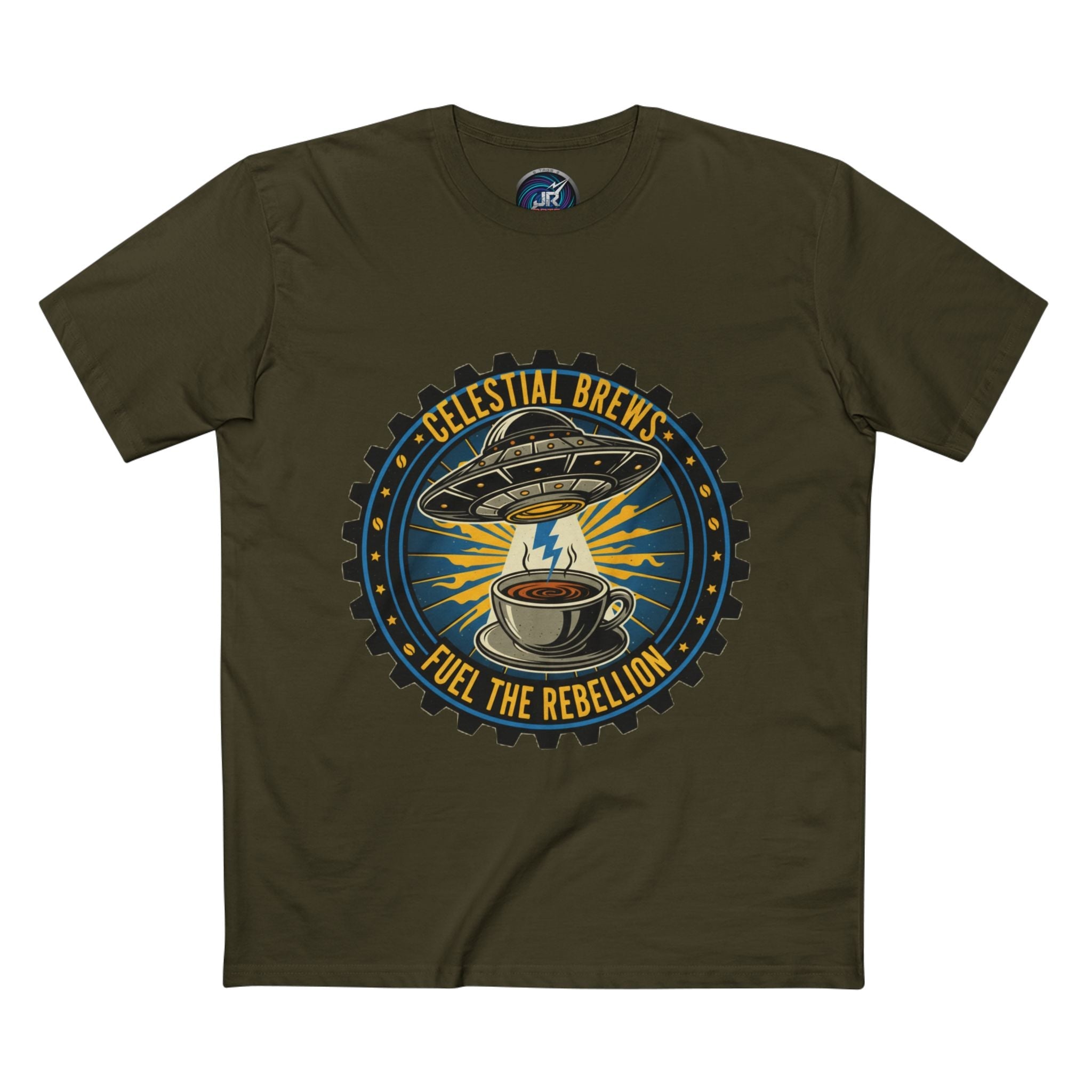 Cosmic Grind T-Shirt — “Fuel the Rebellion” Retro Sci-Fi Coffee Graphic Tee Printify
