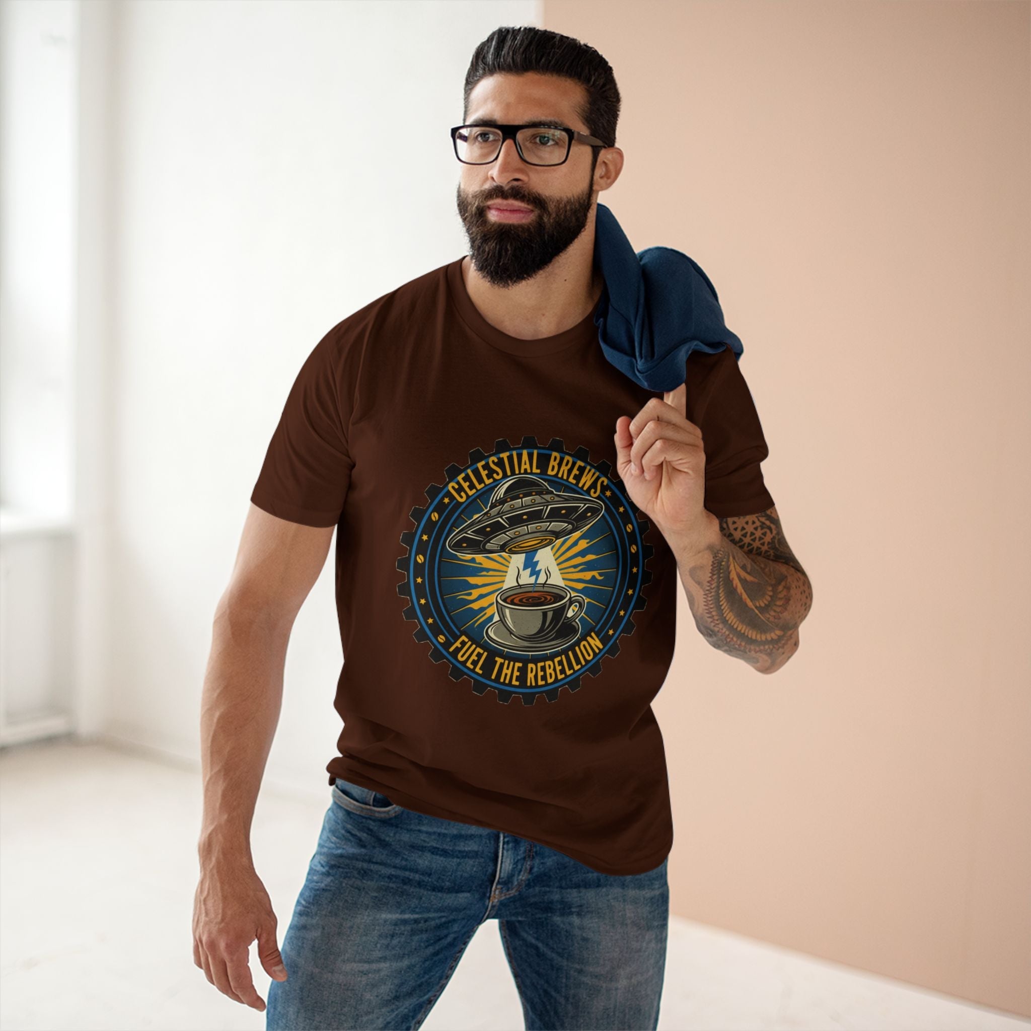 Cosmic Grind T-Shirt — “Fuel the Rebellion” Retro Sci-Fi Coffee Graphic Tee Printify