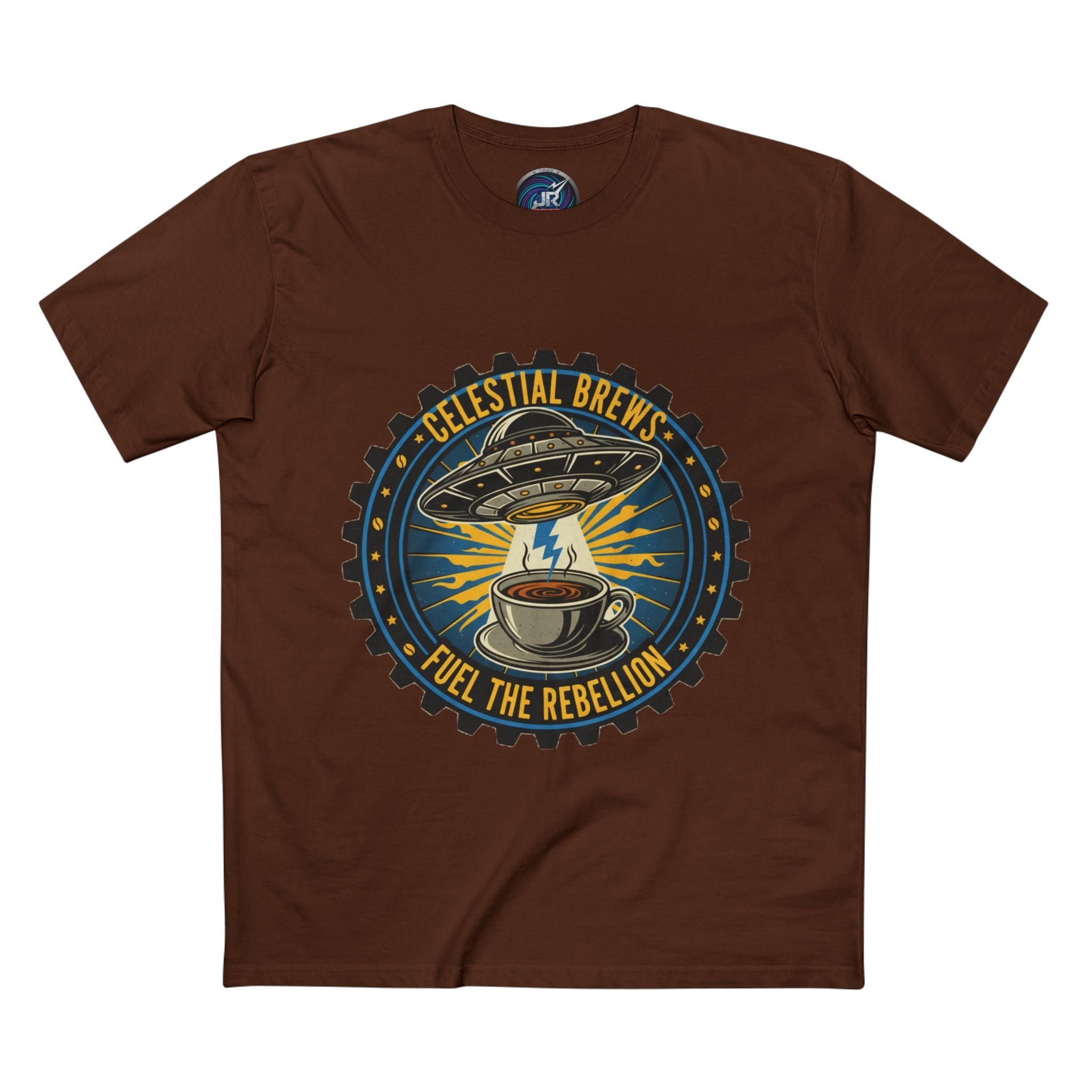 Cosmic Grind T-Shirt — “Fuel the Rebellion” Retro Sci-Fi Coffee Graphic Tee Printify