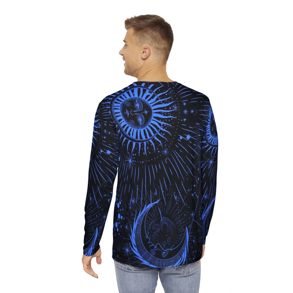 Celestial Cosmic Men's Long Sleeve Shirt - Blue Moon & Sun Design Printify