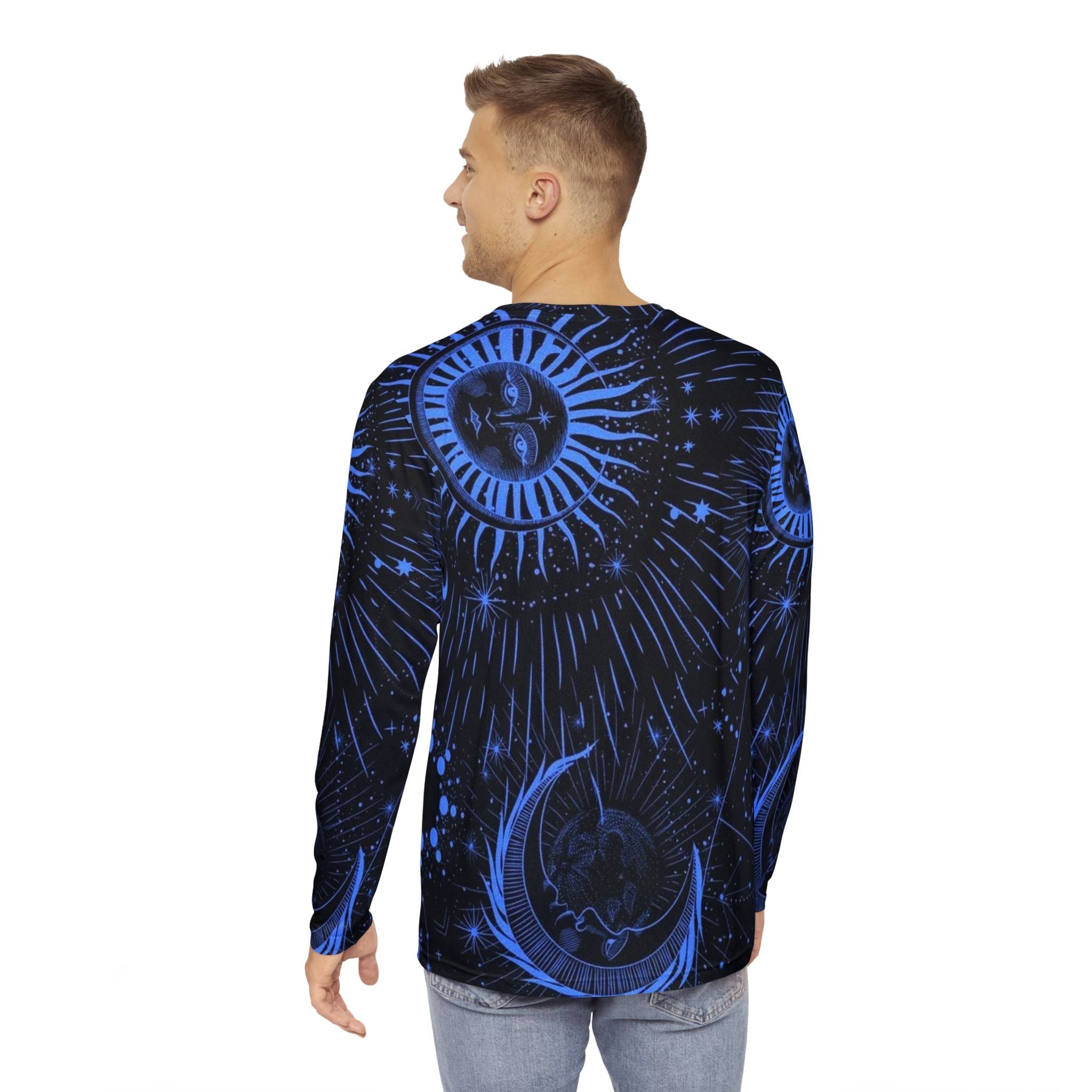Celestial Cosmic Men's Long Sleeve Shirt - Blue Moon & Sun Design Printify
