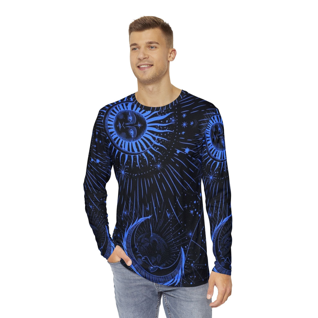 Celestial Cosmic Men's Long Sleeve Shirt - Blue Moon & Sun Design Printify